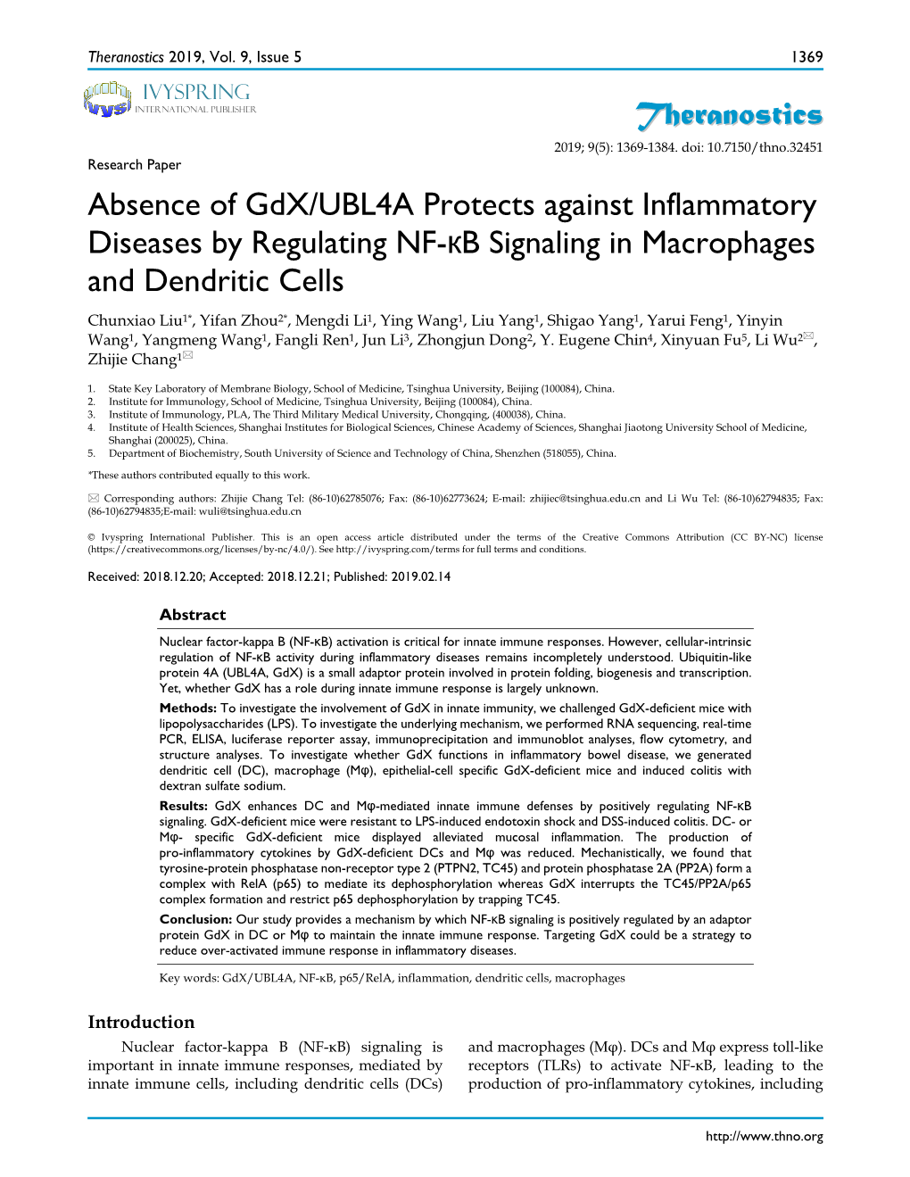 Theranostics Absence of Gdx/UBL4A Protects Against Inflammatory