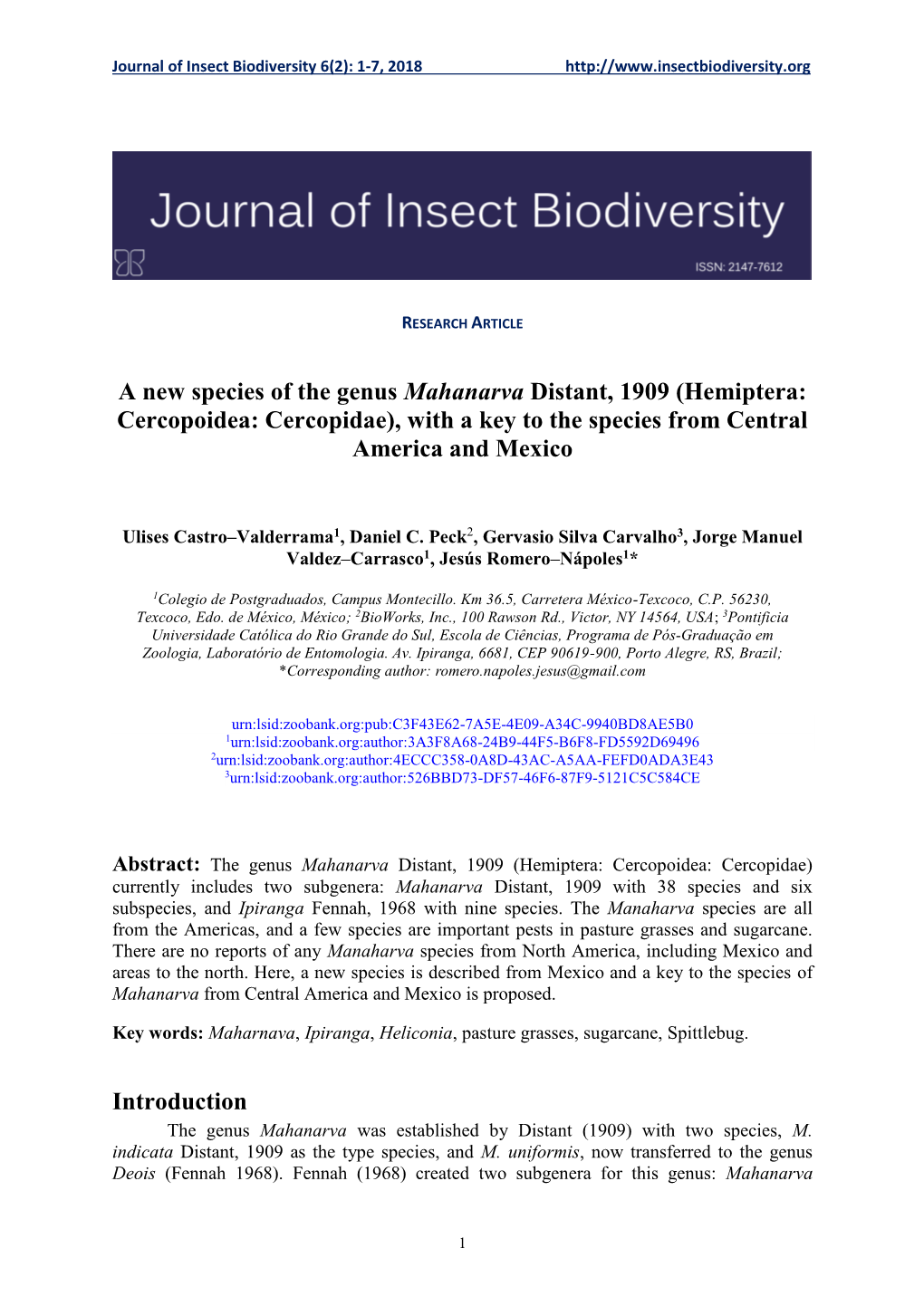 A New Species of the Genus Mahanarva Distant, 1909 (Hemiptera: Cercopoidea: Cercopidae), with a Key to the Species from Central America and Mexico