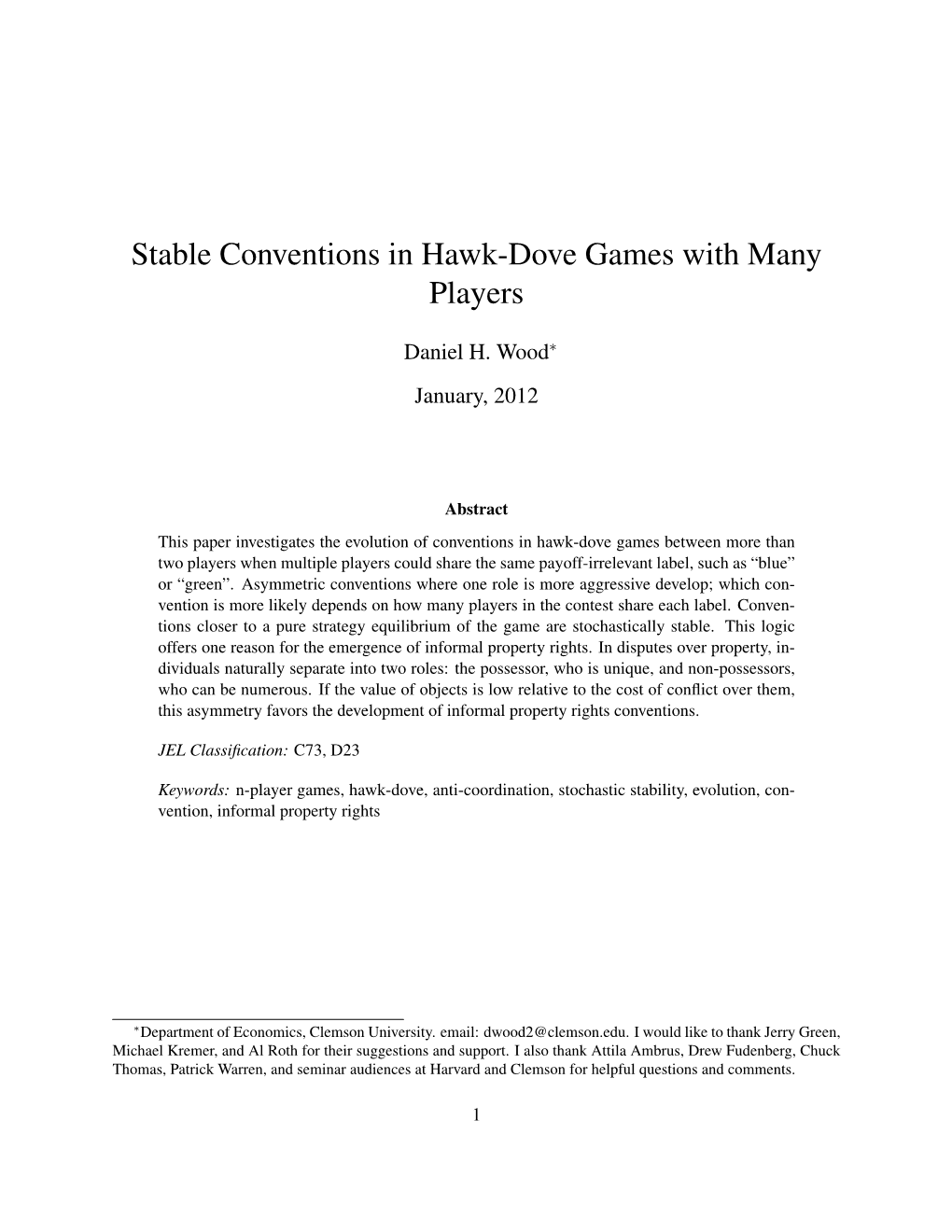 Stable Conventions in Hawk-Dove Games with Many Players