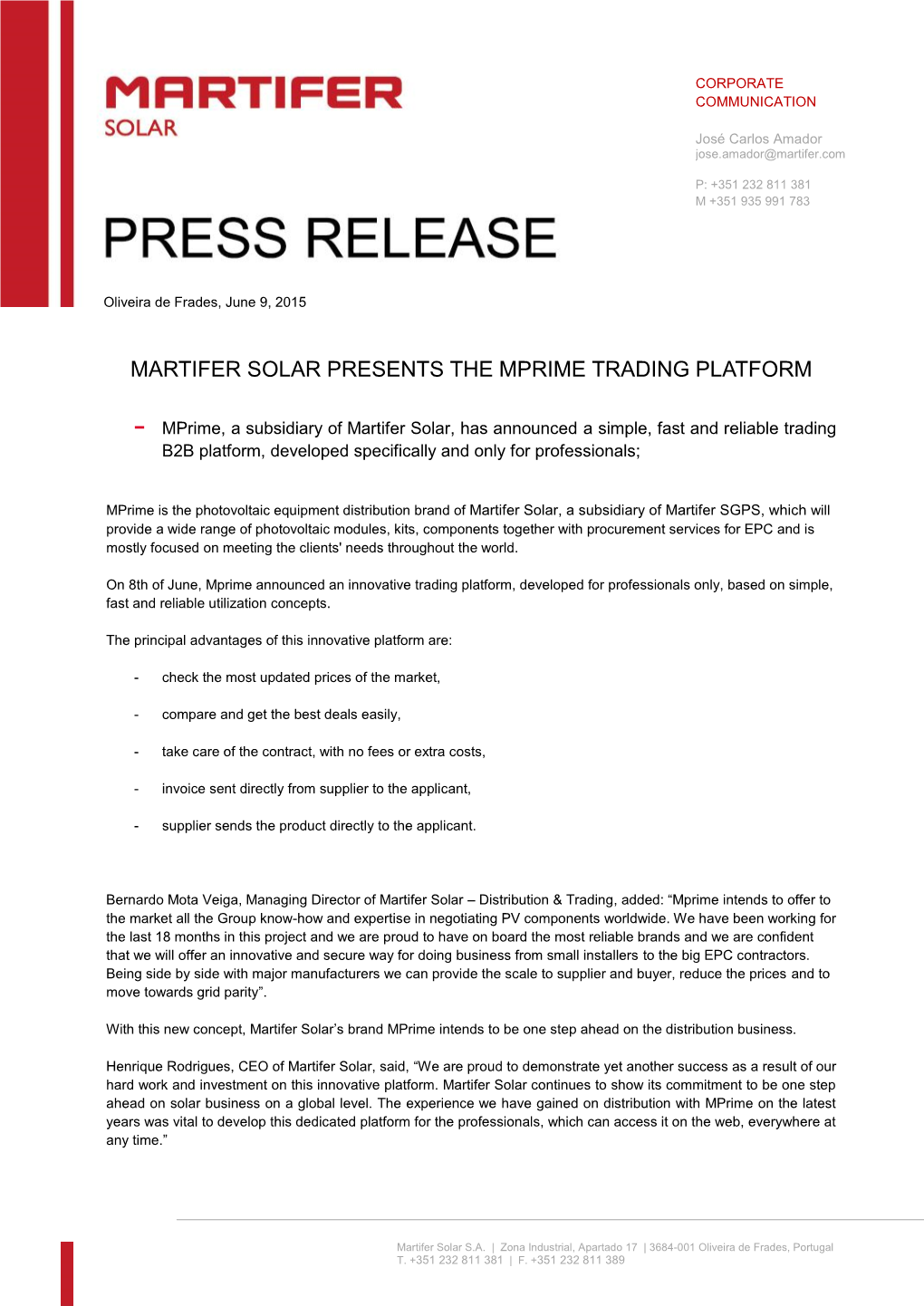 Martifer Solar Presents the Mprime Trading Platform