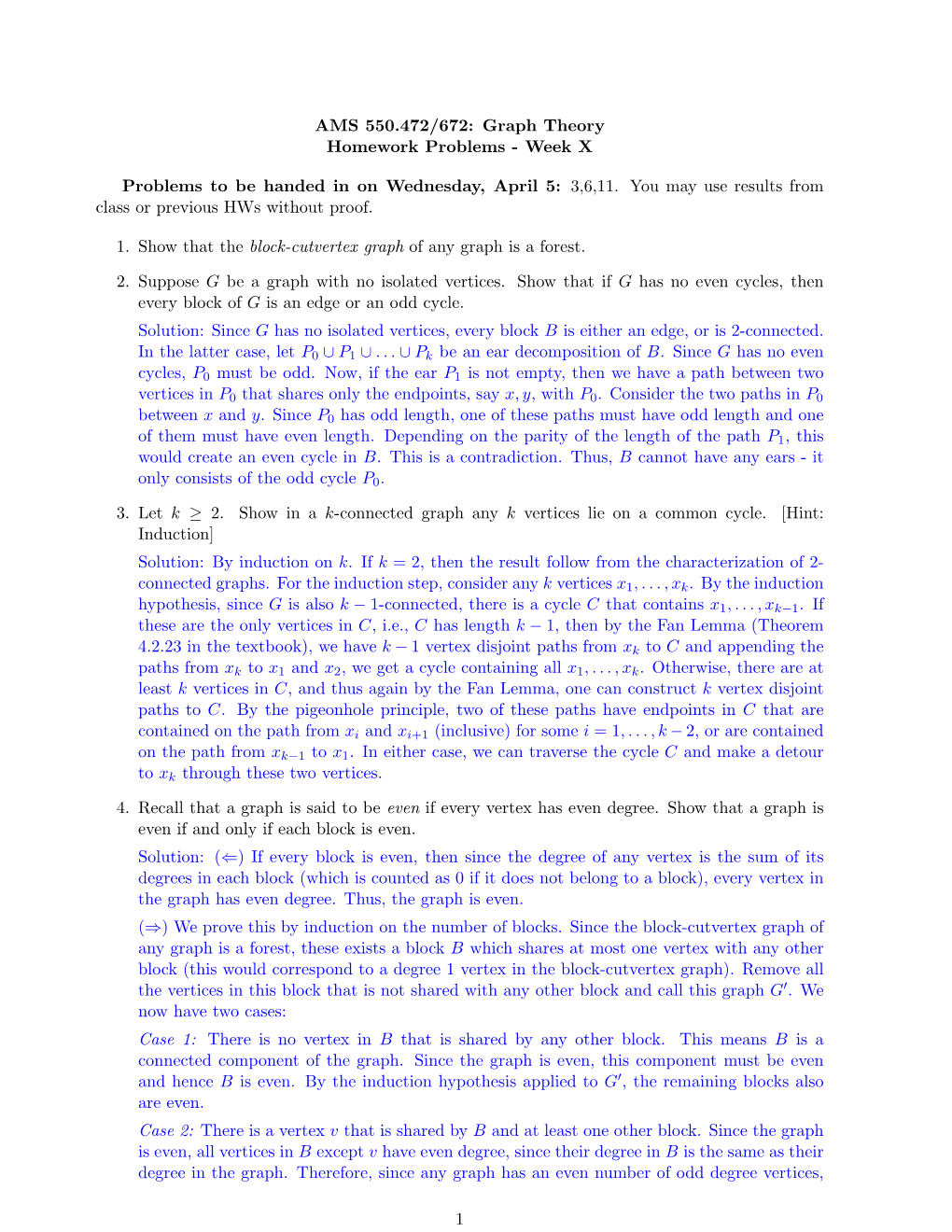 AMS 550.472/672: Graph Theory Homework Problems - Week X