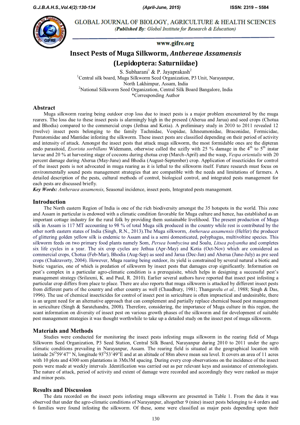 Insect Pests of Muga Silkworm, Anthereae Assamensis (Lepidoptera: Saturniidae) S