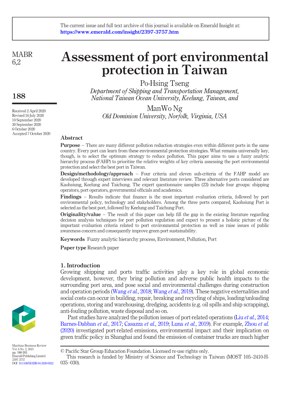 Assessment of Port Environmental Protection in Taiwan