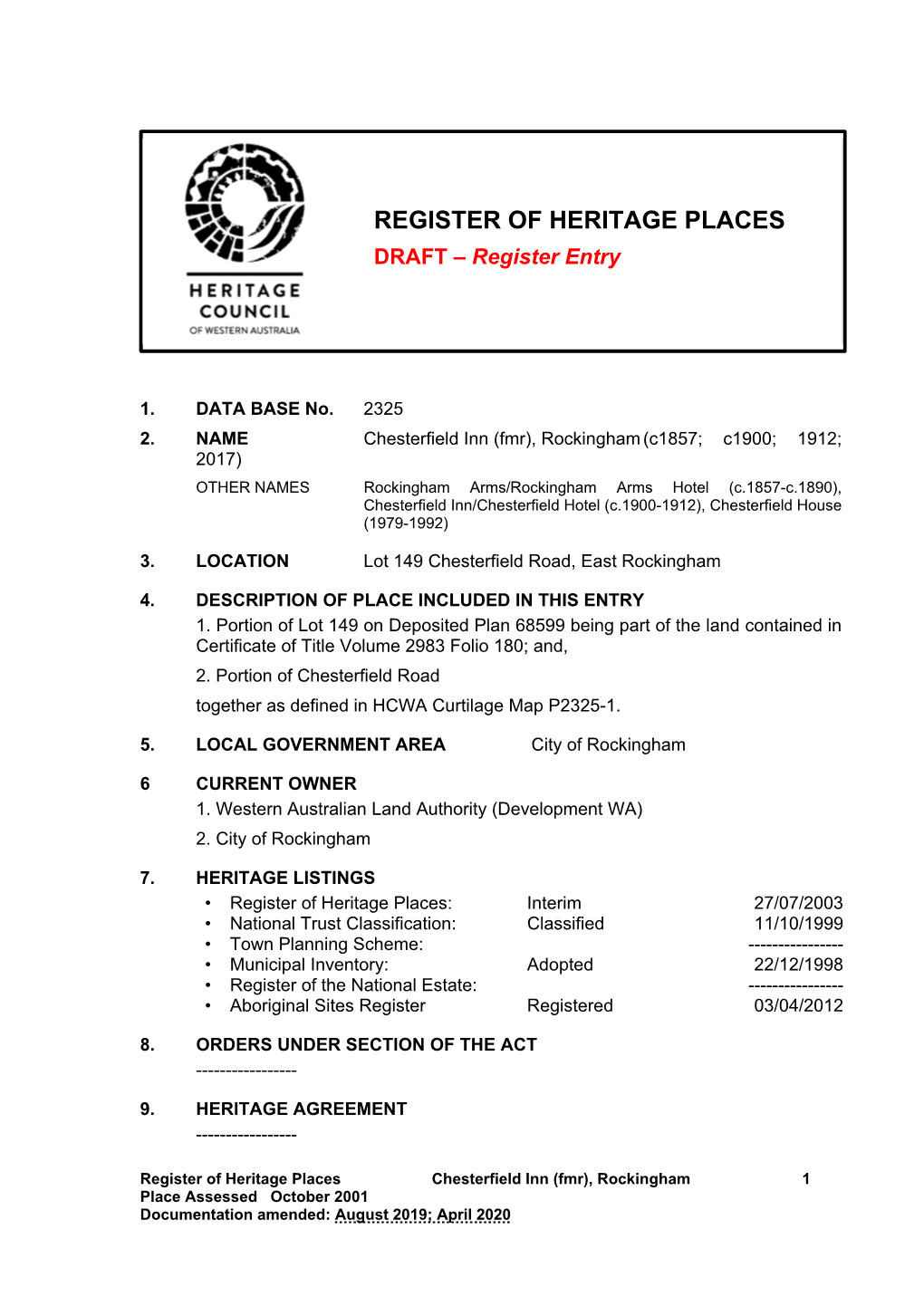 REGISTER of HERITAGE PLACES DRAFT – Register Entry