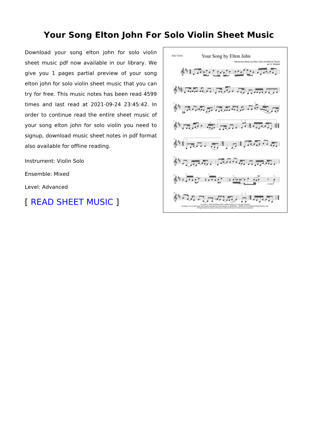 Your Song Elton John for Solo Violin Sheet Music