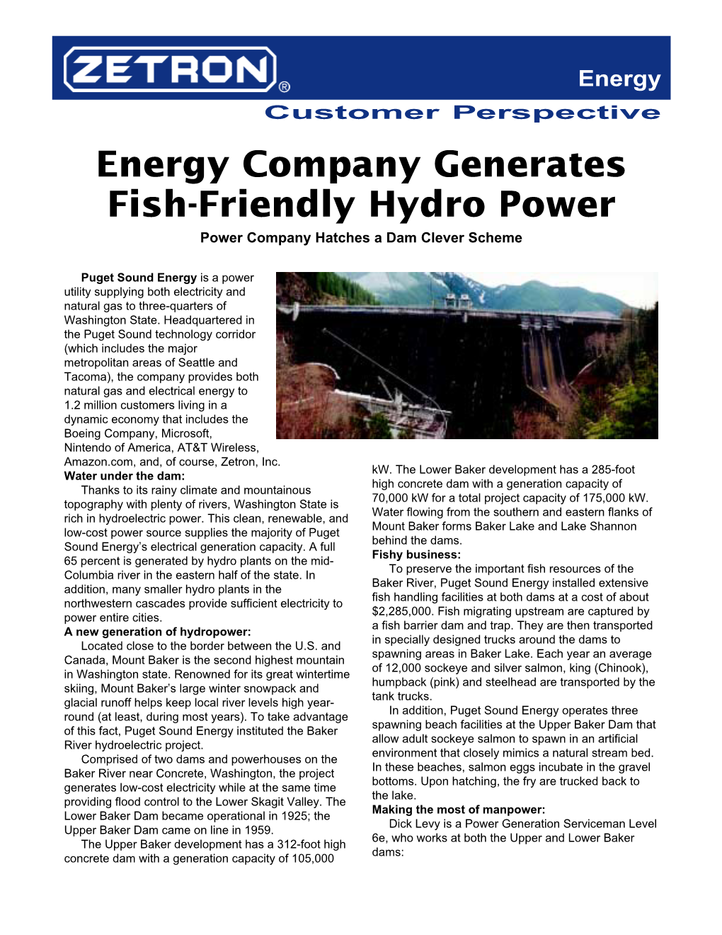 Energy Company Generates Fish-Friendly Hydro Power Power Company Hatches a Dam Clever Scheme