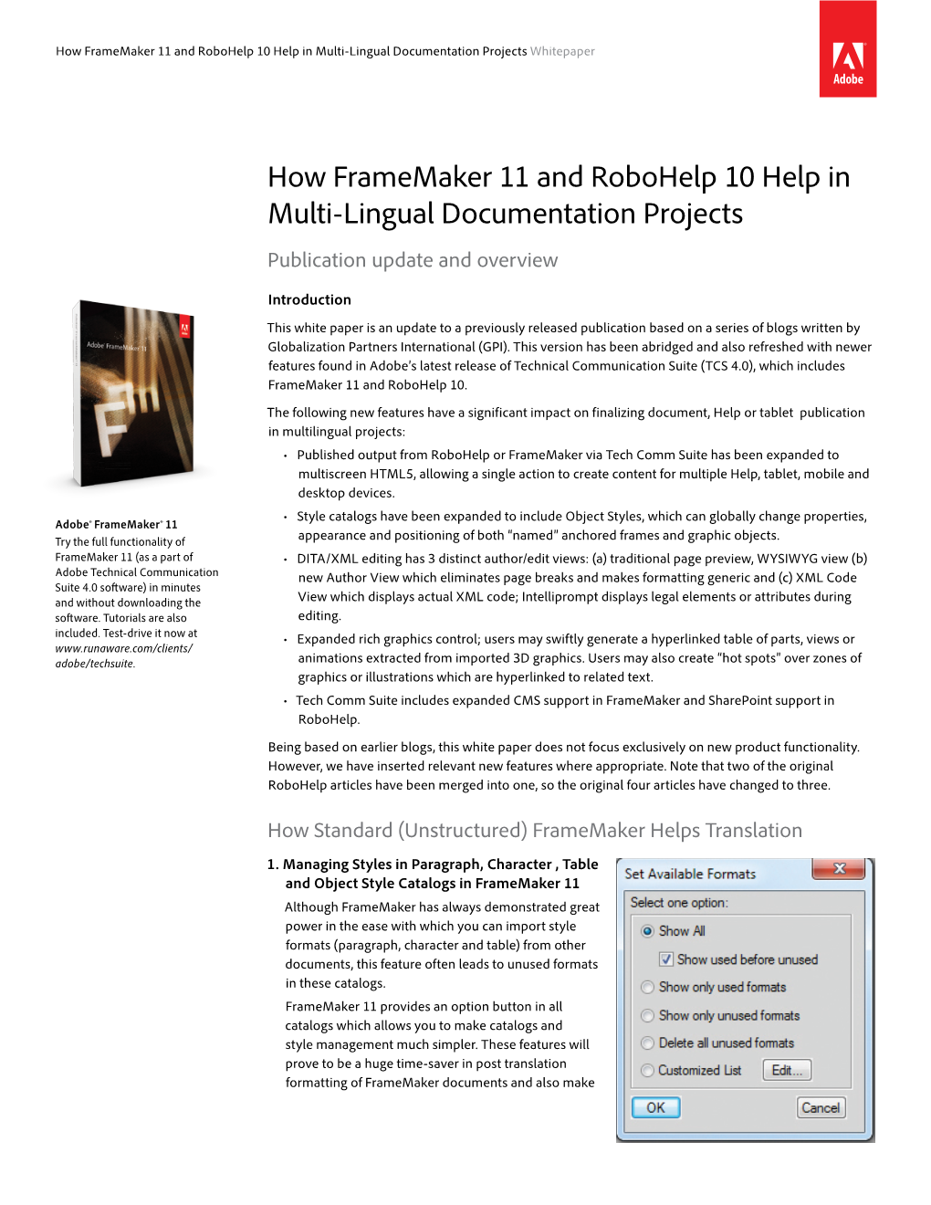 How Framemaker 11 and Robohelp 10 Help in Multi-Lingual Documentation Projects Whitepaper