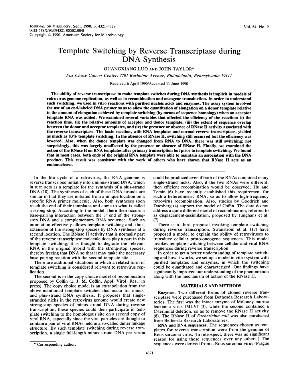 Template Switching by Reverse Transcriptase During DNA Synthesis