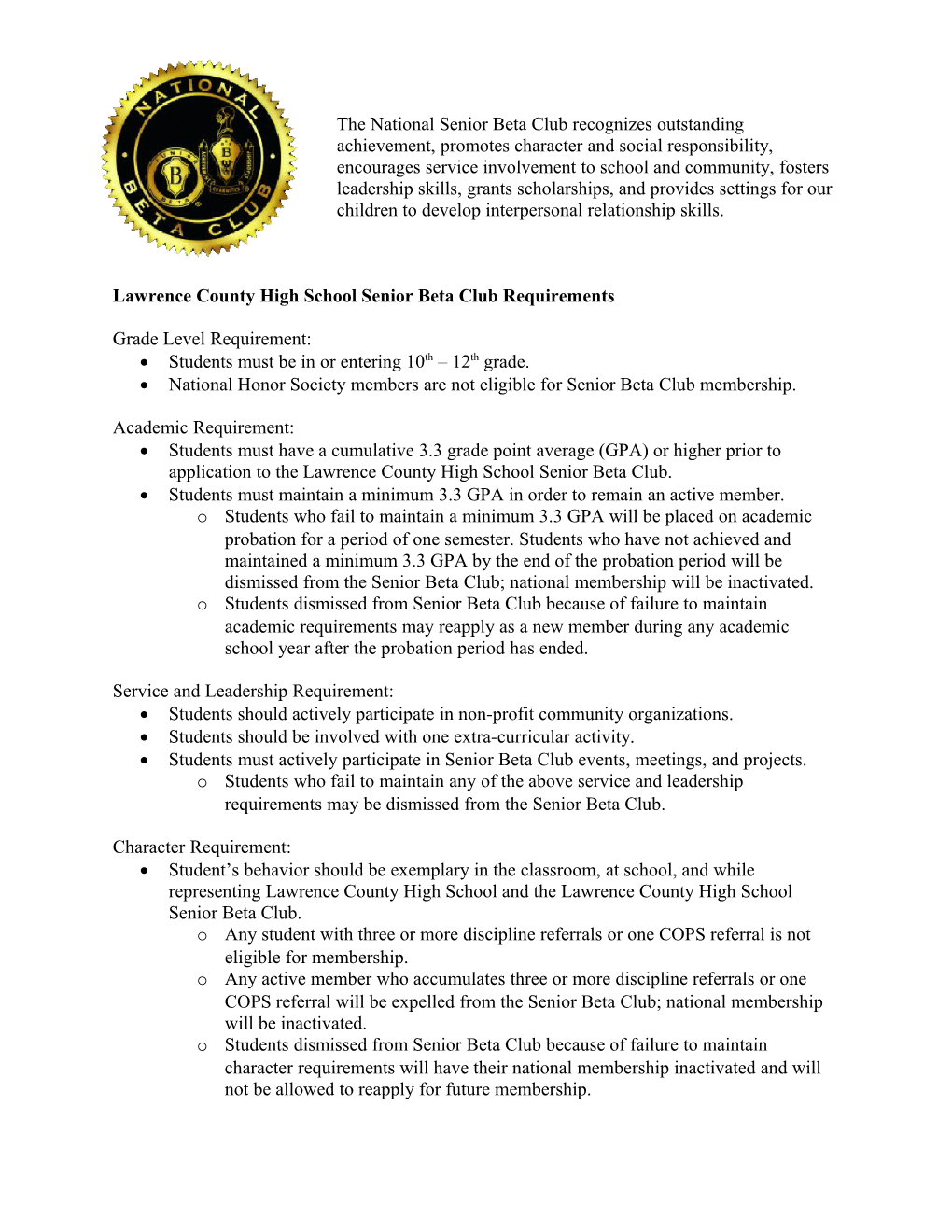 Lawrence County High School Senior Beta Club Requirements