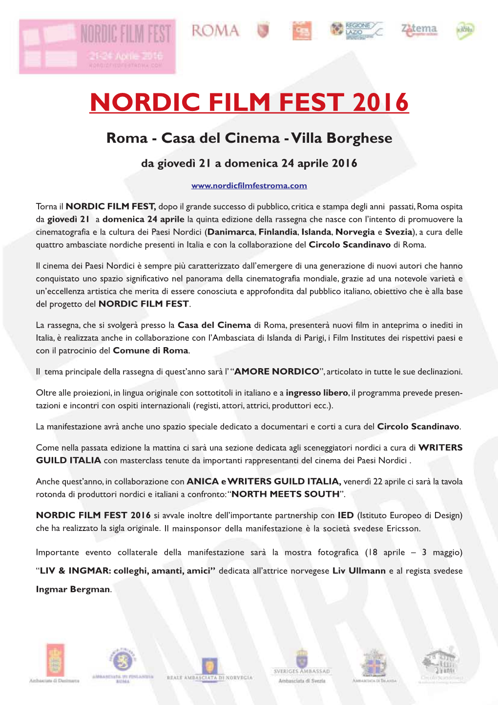 NORDIC FILM FEST 2016 Roma - Casa Del Cinema - Villa Borghese Da Giovedì 21 a Domenica 24 Aprile 2016