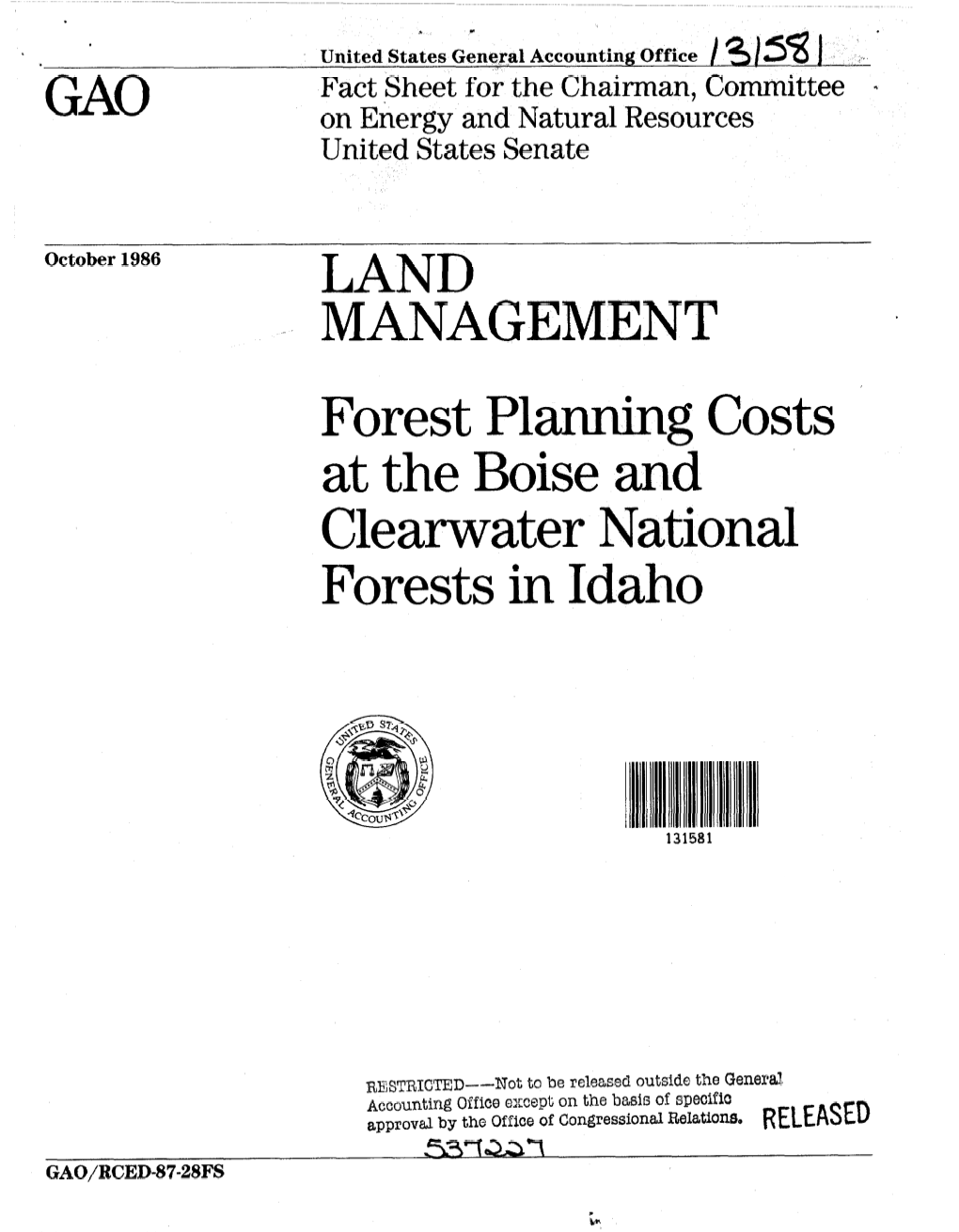 RCED-87-28FS Land Management: Forest Planning Costs at the Boise