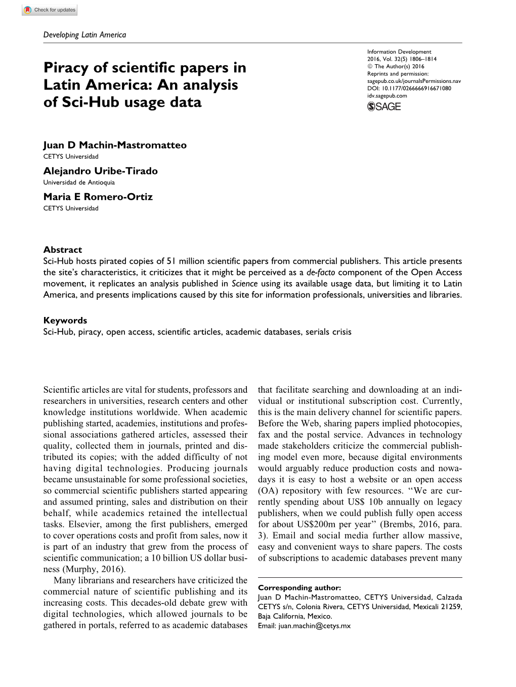 Piracy of Scientific Papers in Latin America 1807 Knowledge Institutions from Affording Them