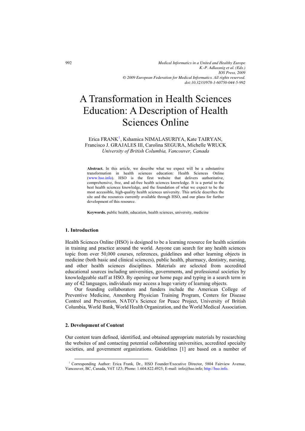 A Transformation in Health Sciences Education: a Description of Health Sciences Online