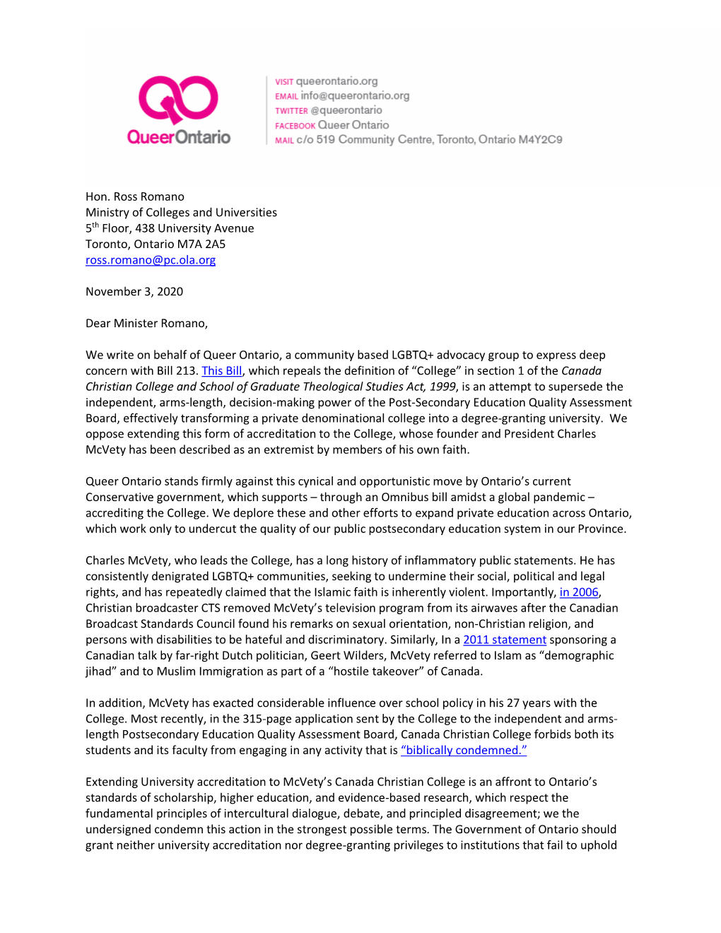 Hon. Ross Romano Ministry of Colleges and Universities 5Th Floor, 438 University Avenue Toronto, Ontario M7A 2A5 Ross.Romano@Pc.Ola.Org