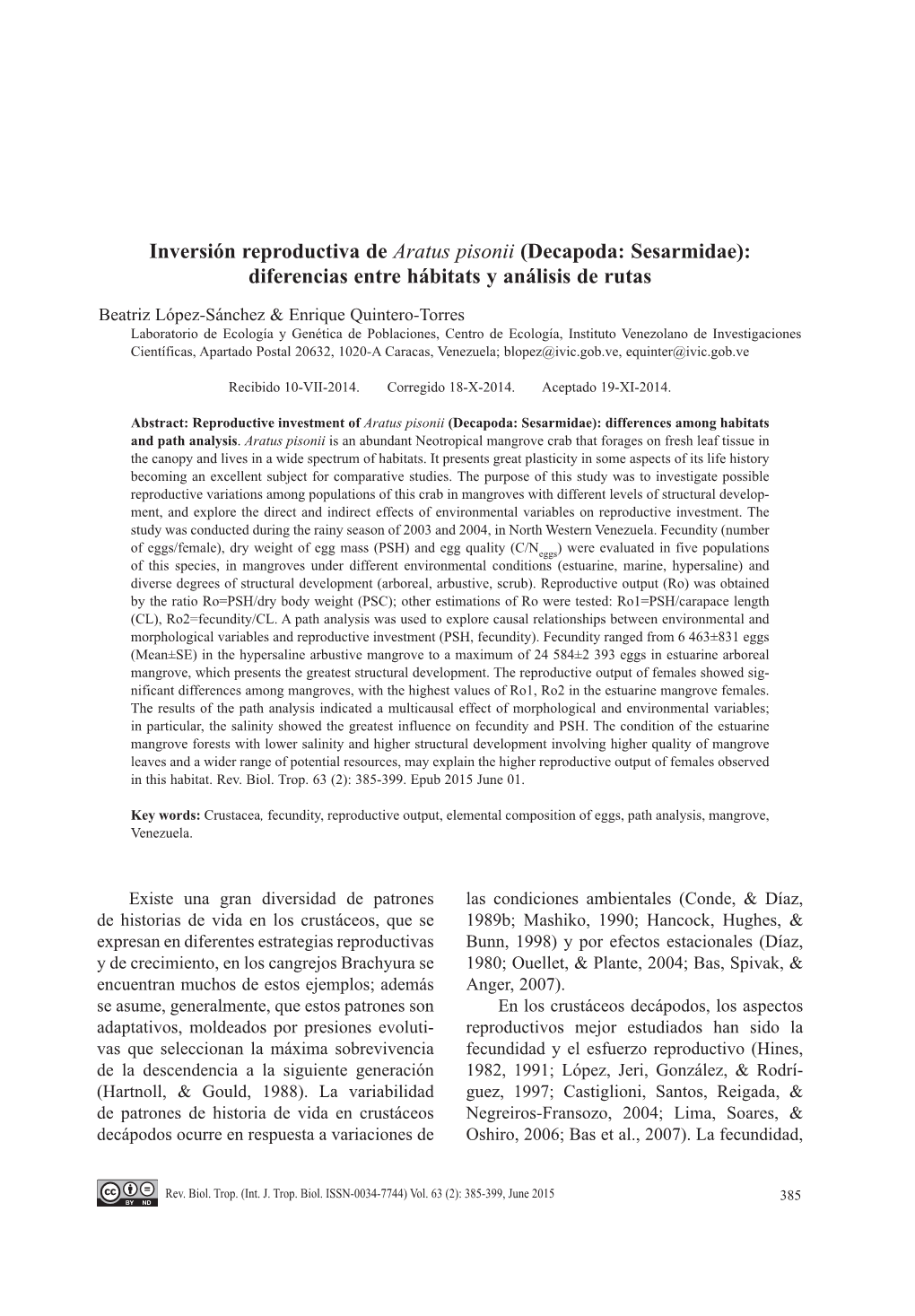 Inversión Reproductiva De Aratus Pisonii (Decapoda: Sesarmidae): Diferencias Entre Hábitats Y Análisis De Rutas