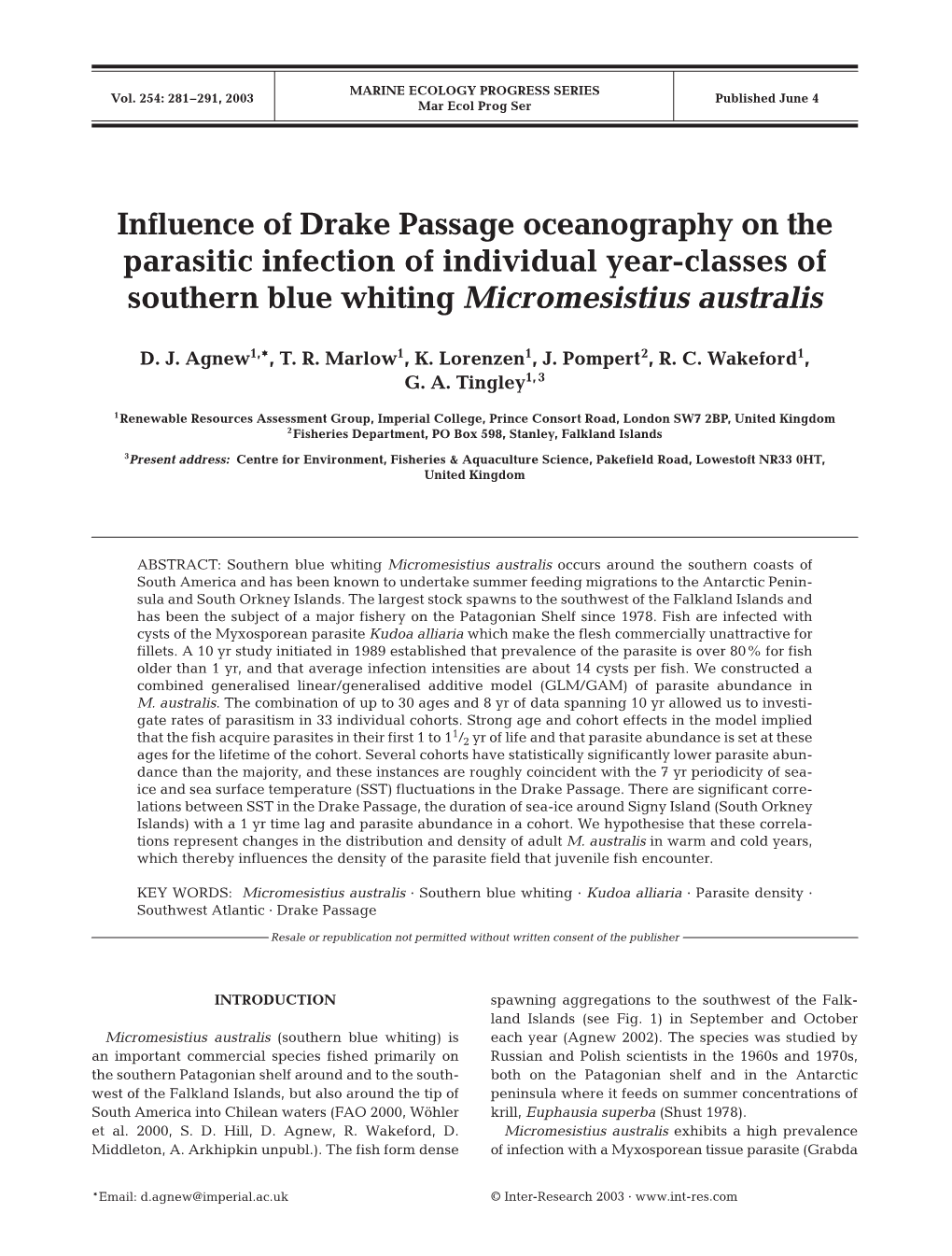 Influence of Drake Passage Oceanography on the Parasitic Infection of Individual Year-Classes of Southern Blue Whiting Micromesistius Australis