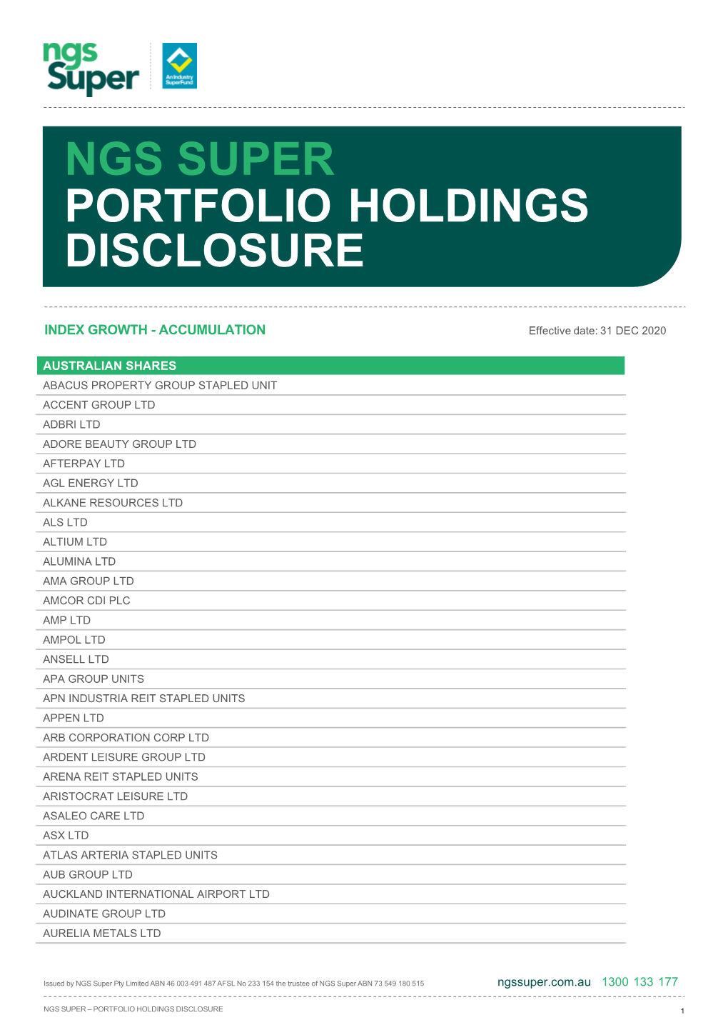 Ngs Super Portfolio Holdings Disclosure