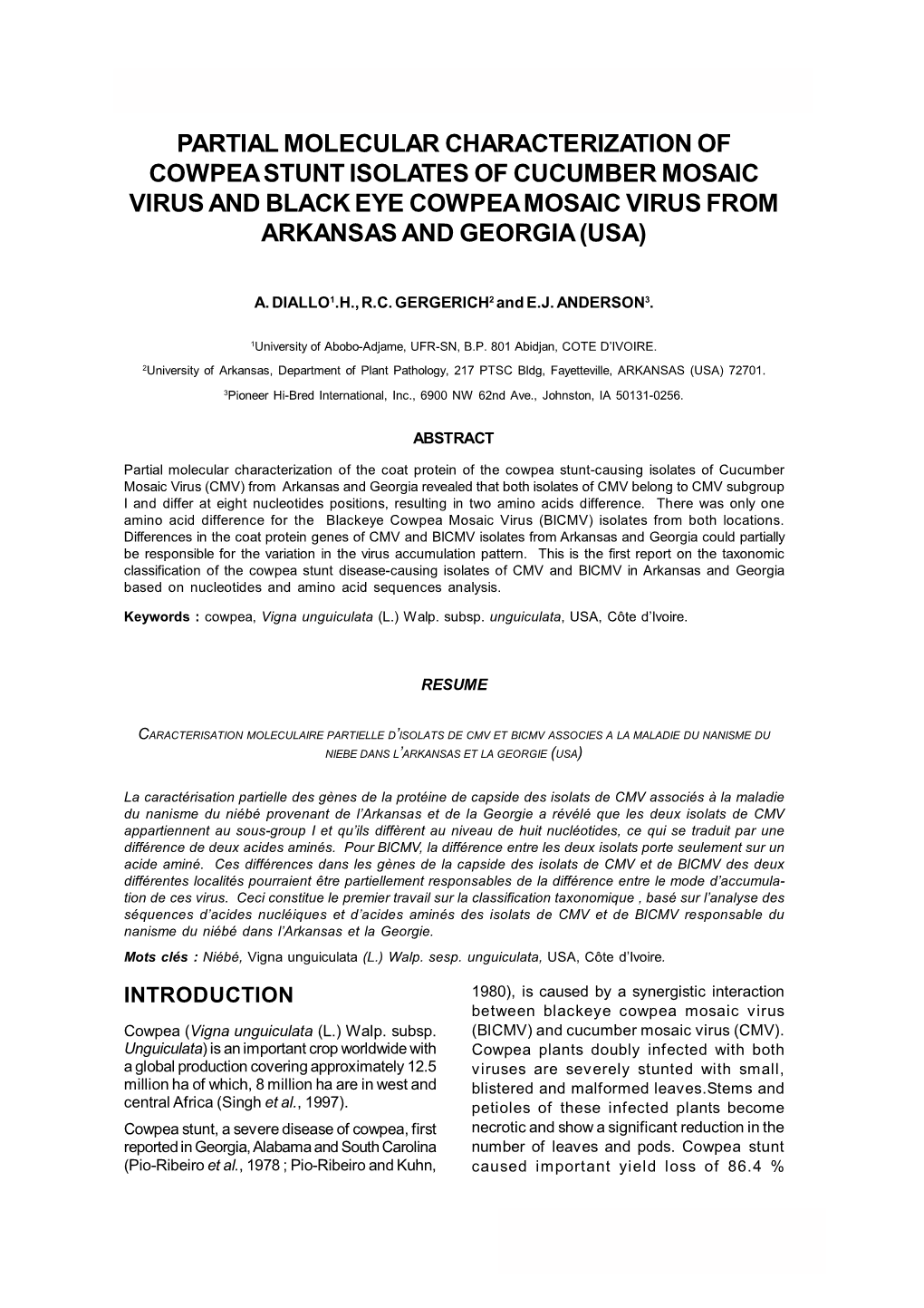 Partial Molecular Characterization of Cowpea Stunt Isolates of Cucumber Mosaic Virus and Black Eye Cowpea Mosaic Virus from Arkansas and Georgia (Usa)