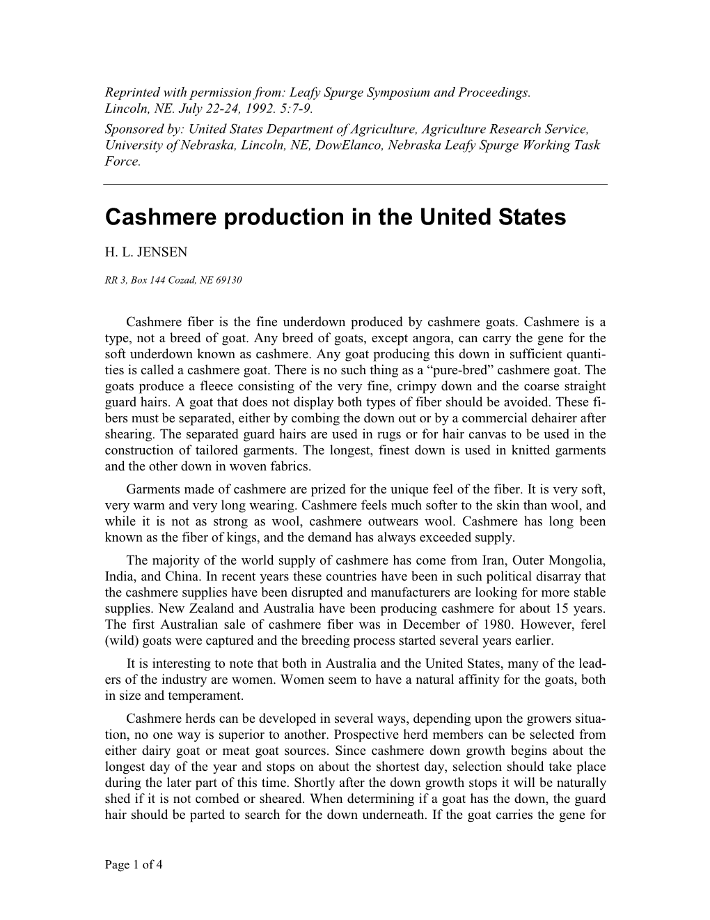 Cashmere Production in the United States