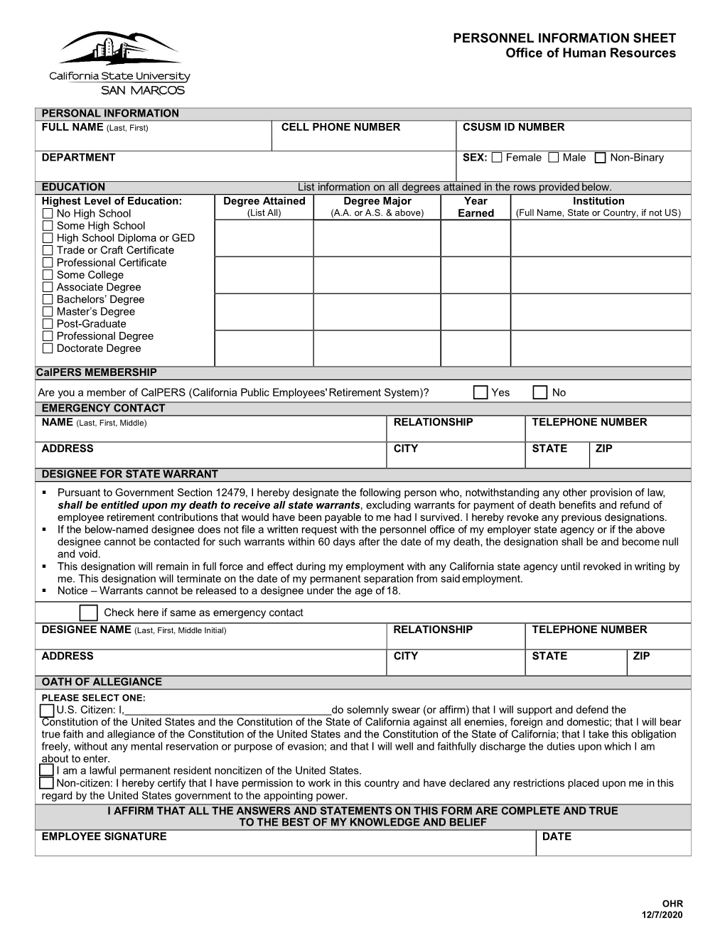 PERSONNEL INFORMATION SHEET Office of Human Resources