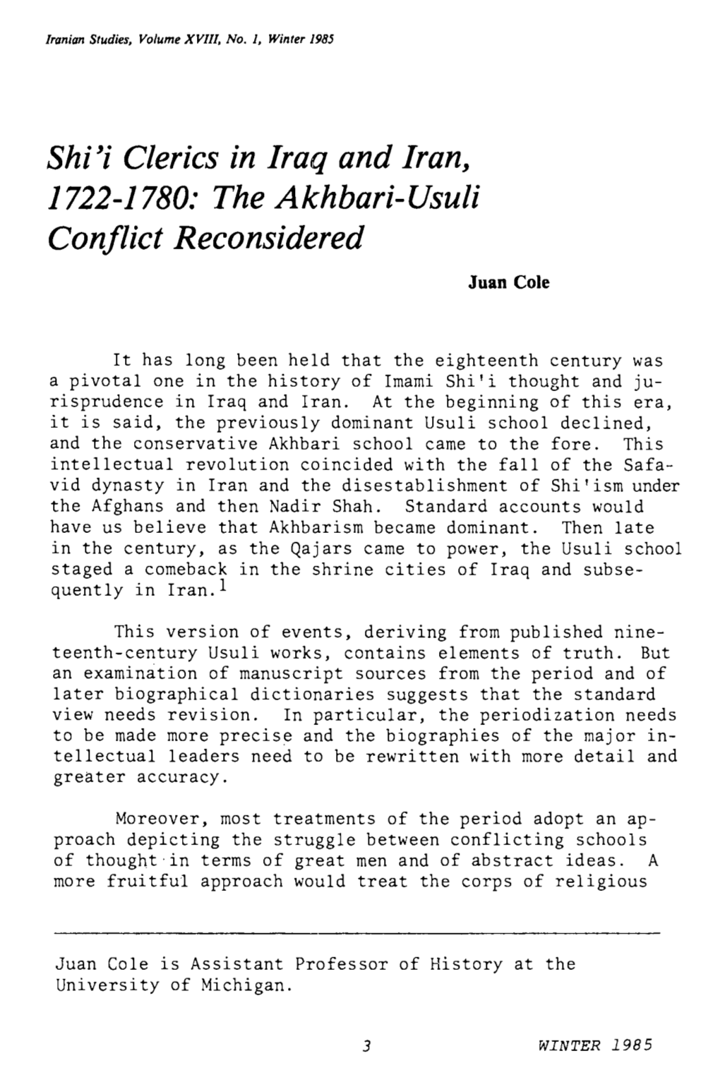 Shi'i Clerics in Iraq and Iran, 1722-1780: the Akhbari-Usuli Conflict Reconsidered Juan Cole