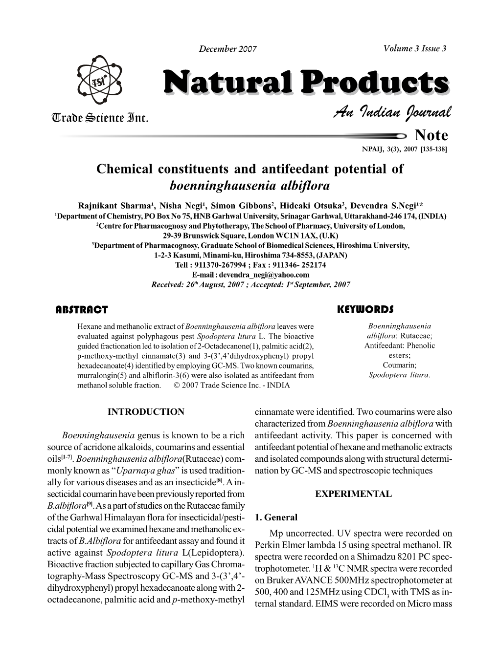 Chemical Constituents and Antifeedant Potential of Boenninghausenia