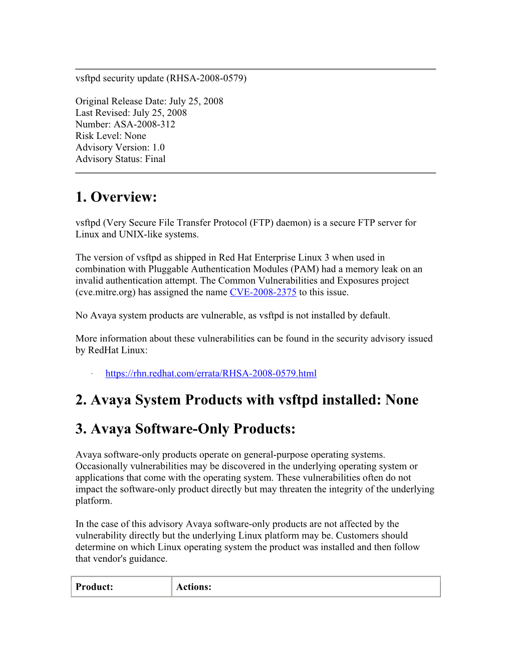 1. Overview: 2. Avaya System Products with Vsftpd Installed