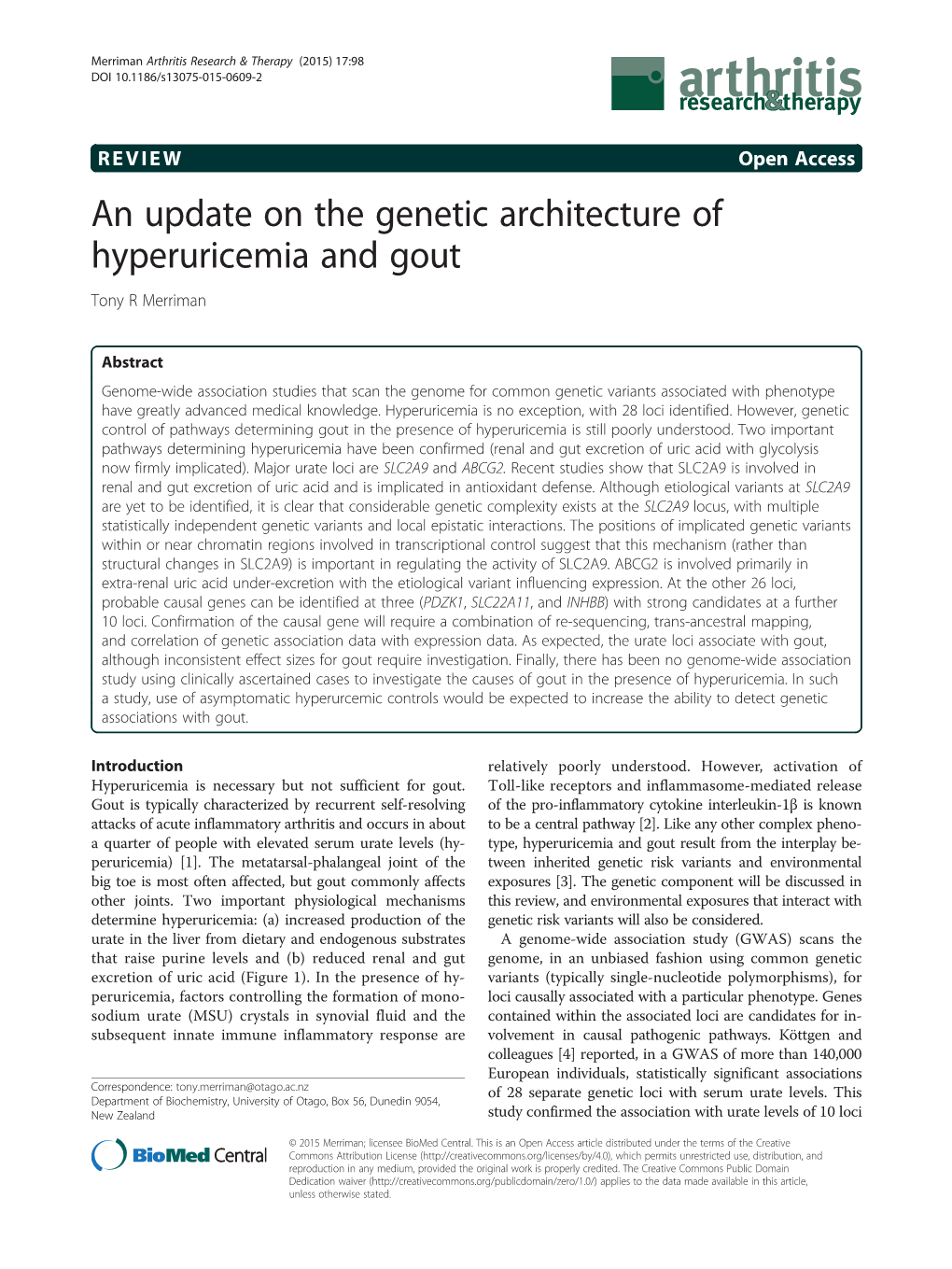 An Update on the Genetic Architecture of Hyperuricemia and Gout Tony R Merriman