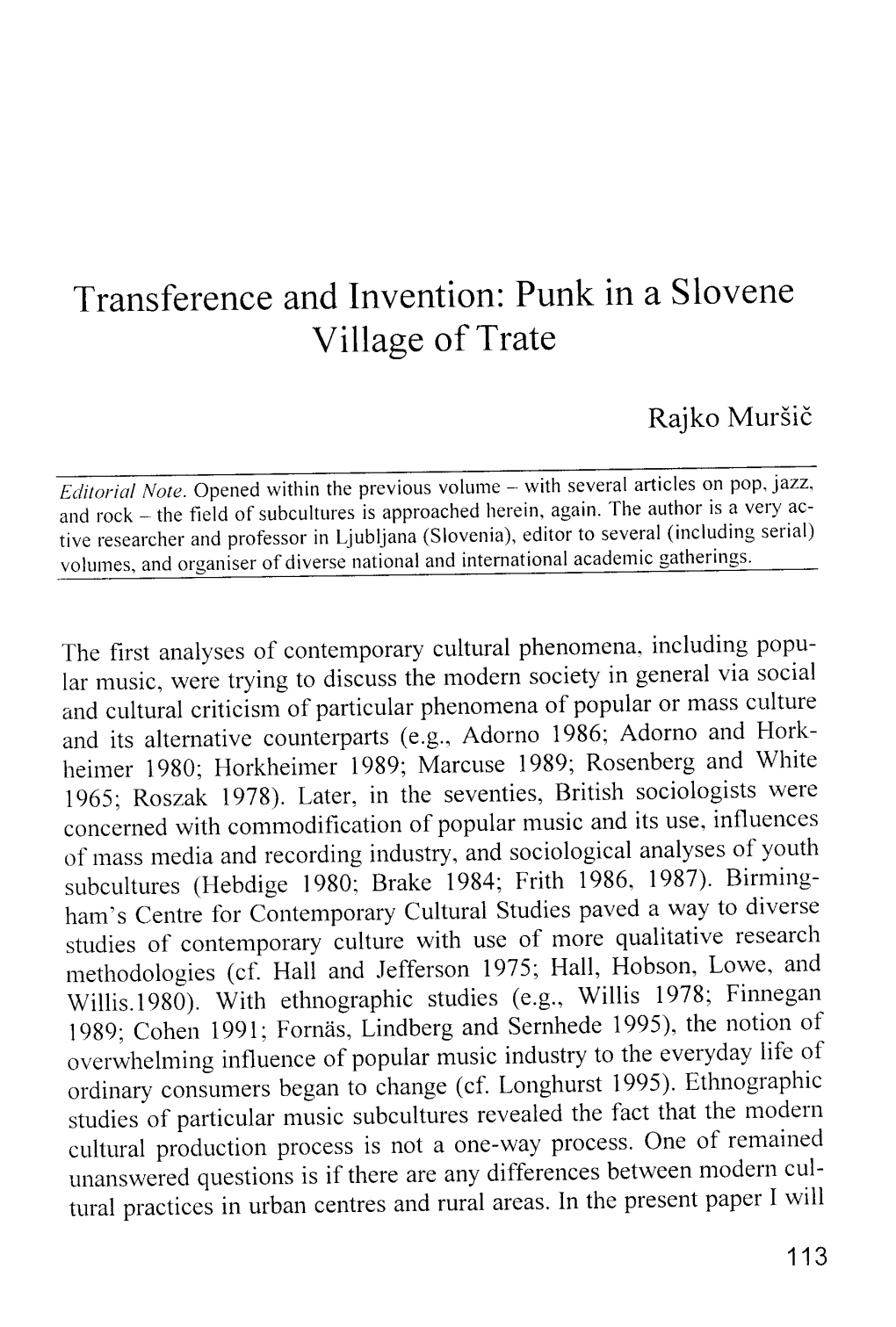 Transference and Invention: Punk in a Slovene Village of Trate