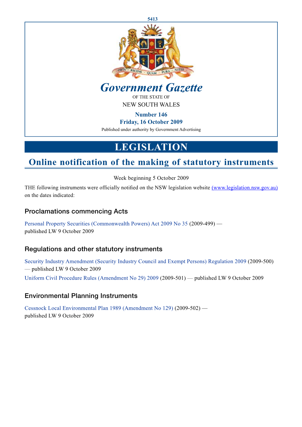 Government Gazette of the STATE of NEW SOUTH WALES Number 146 Friday, 16 October 2009 Published Under Authority by Government Advertising