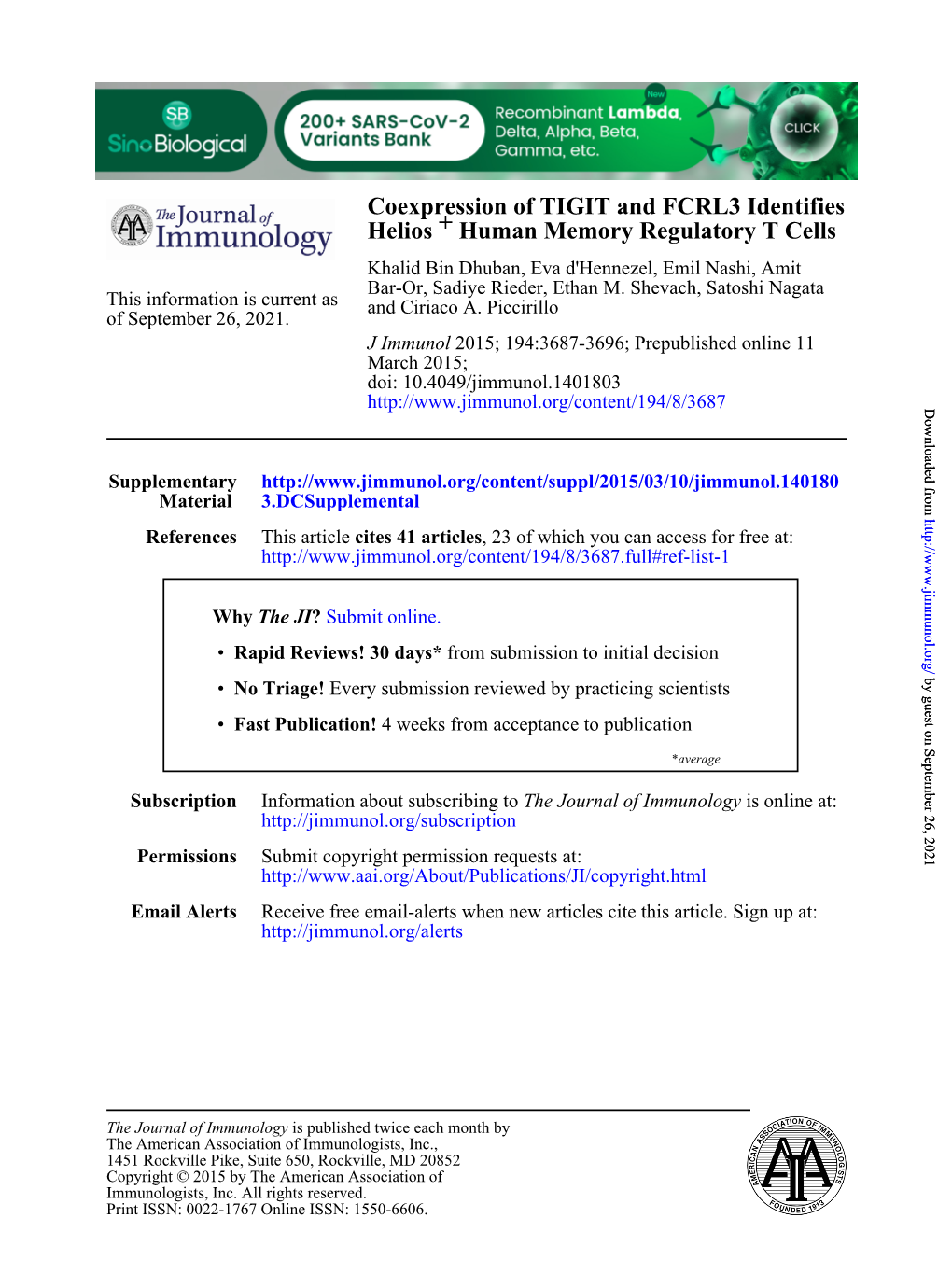 Human Memory Regulatory T Cells + Helios Coexpression of TIGIT And