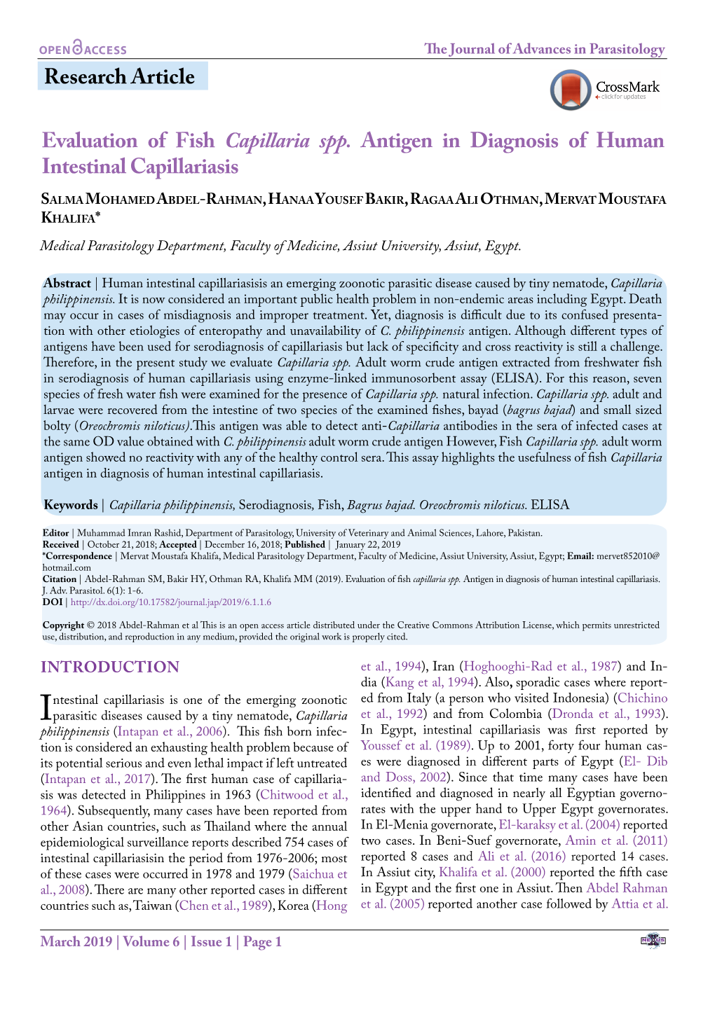 Research Article Evaluation of Fish Capillaria Spp. Antigen in Diagnosis