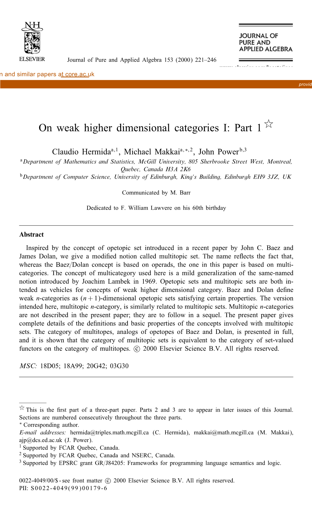 On Weak Higher Dimensional Categories I: Part 1 (