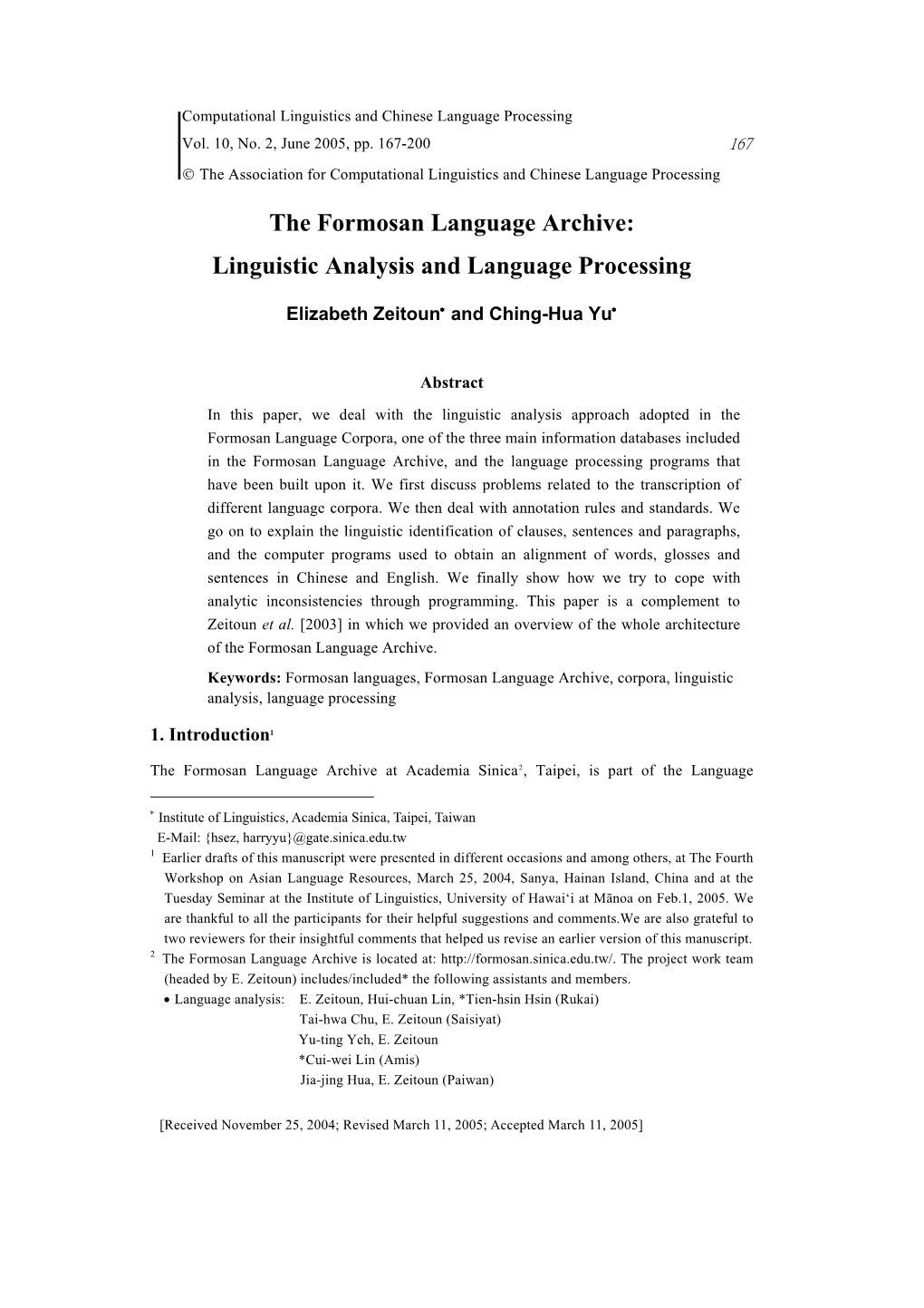 The Formosan Language Archive: Linguistic Analysis and Language Processing