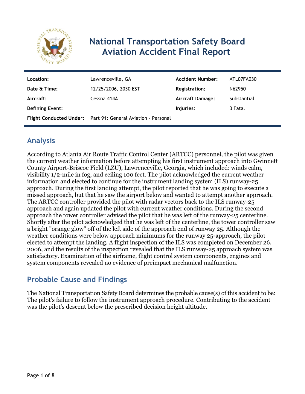 National Transportation Safety Board Aviation Accident Final Report