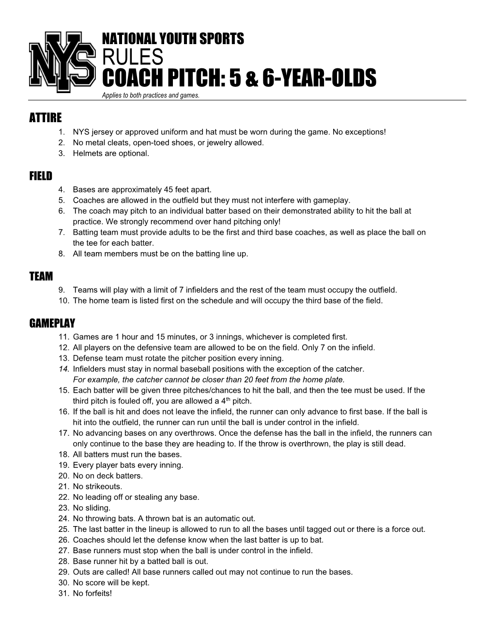 RULES COACH PITCH: 5 & 6-YEAR-OLDS Applies to Both Practices and Games