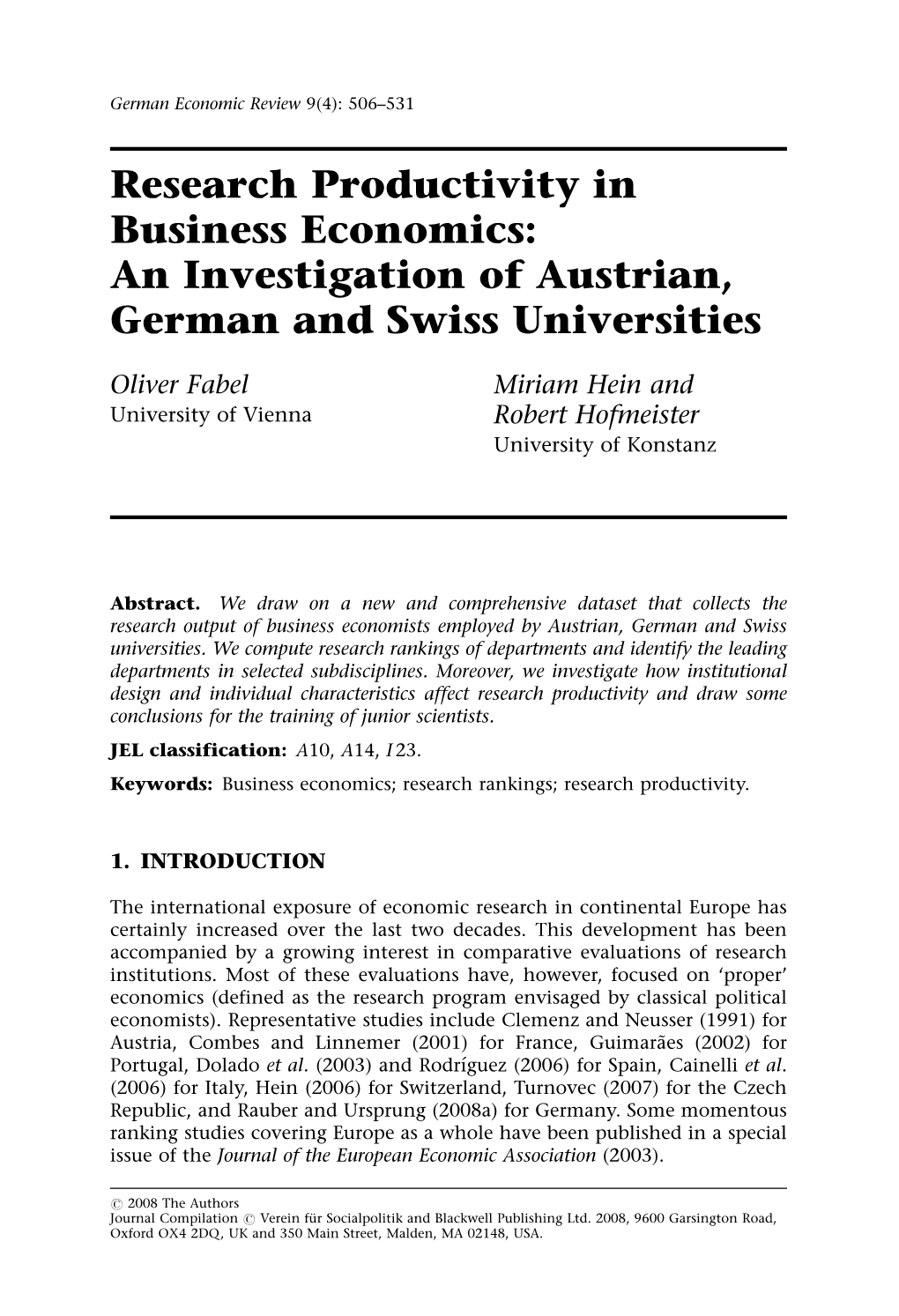 Research Productivity in Business Economics: an Investigation of Austrian, German and Swiss Universities