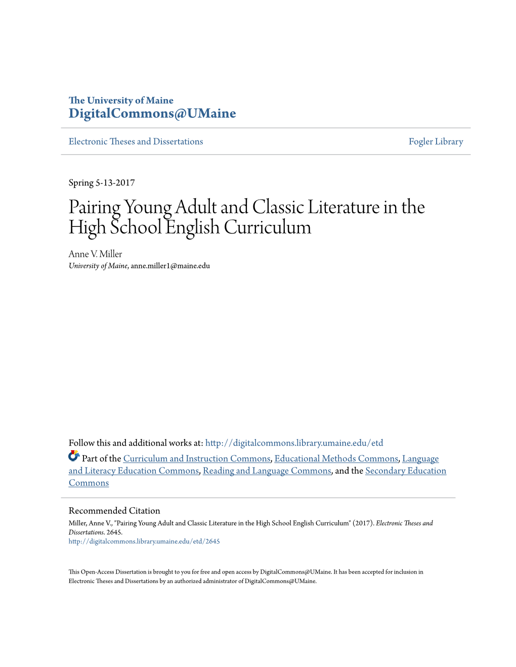 Pairing Young Adult and Classic Literature in the High School English Curriculum Anne V