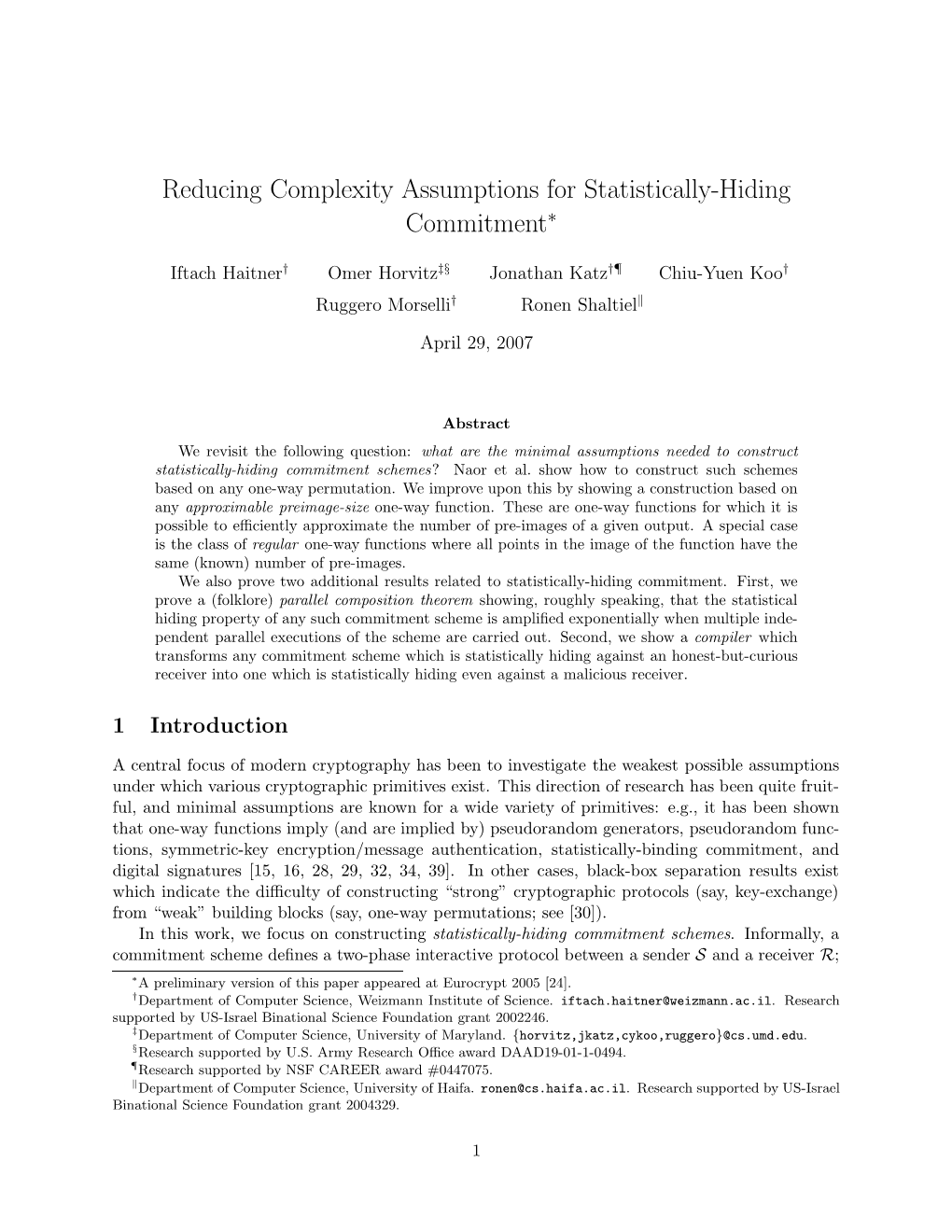 Reducing Complexity Assumptions for Statistically-Hiding Commitment∗