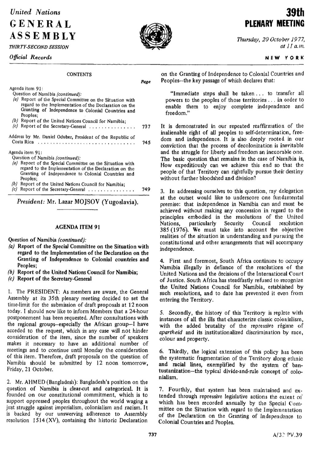 PLENARY MEETING Eta Tln( ASSEMBLY Thursday, 20 Octobf?R 1977, Five C at 1I A.M