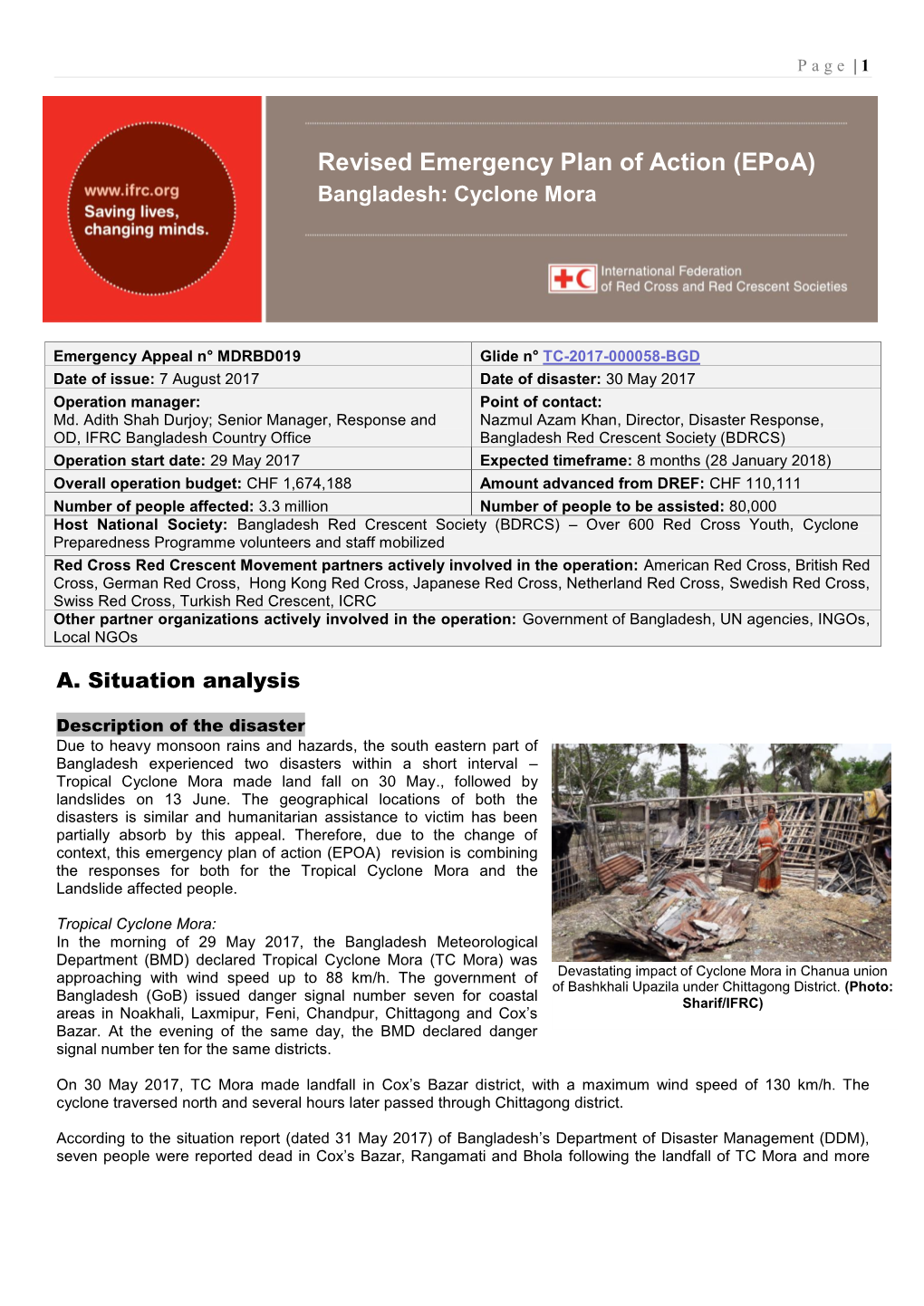 Revised Emergency Plan of Action (Epoa) Bangladesh: Cyclone Mora