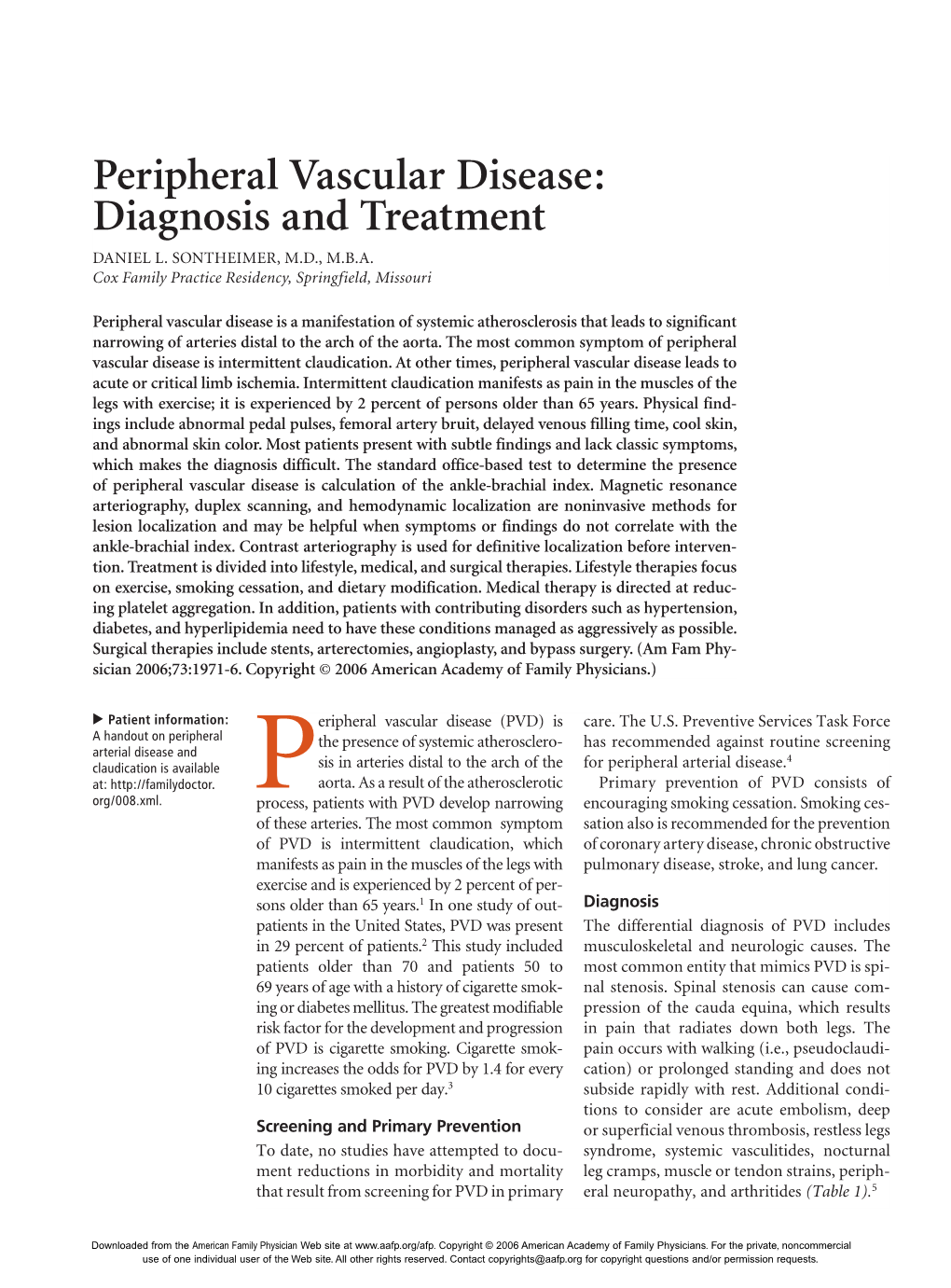 Peripheral Vascular Disease: Diagnosis and Treatment DANIEL L