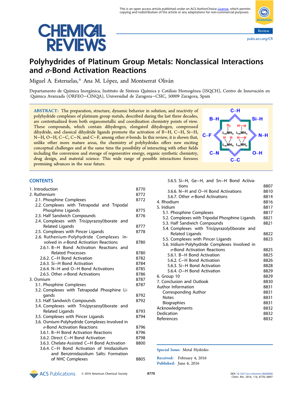 Polyhydrides of Platinum Group Metals: Nonclassical Interactions and Σ‑Bond Activation Reactions Miguel A