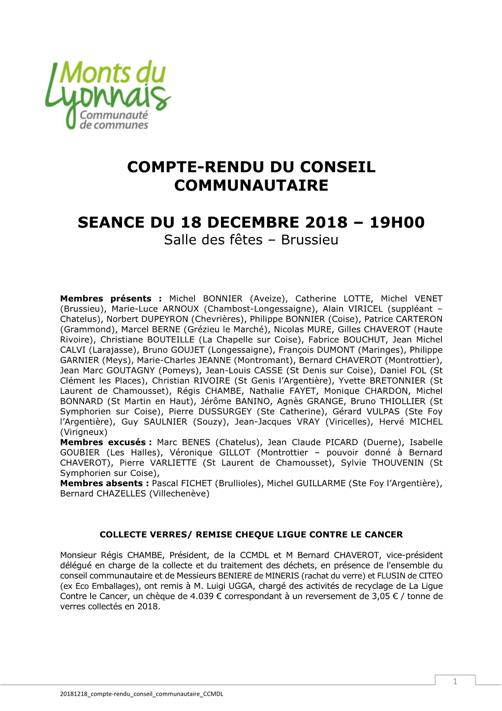 Compte-Rendu Du Conseil Communautaire Seance Du 18