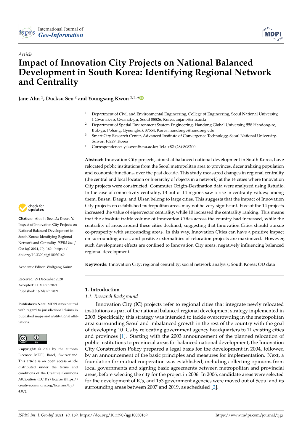 Impact of Innovation City Projects on National Balanced Development in South Korea: Identifying Regional Network and Centrality