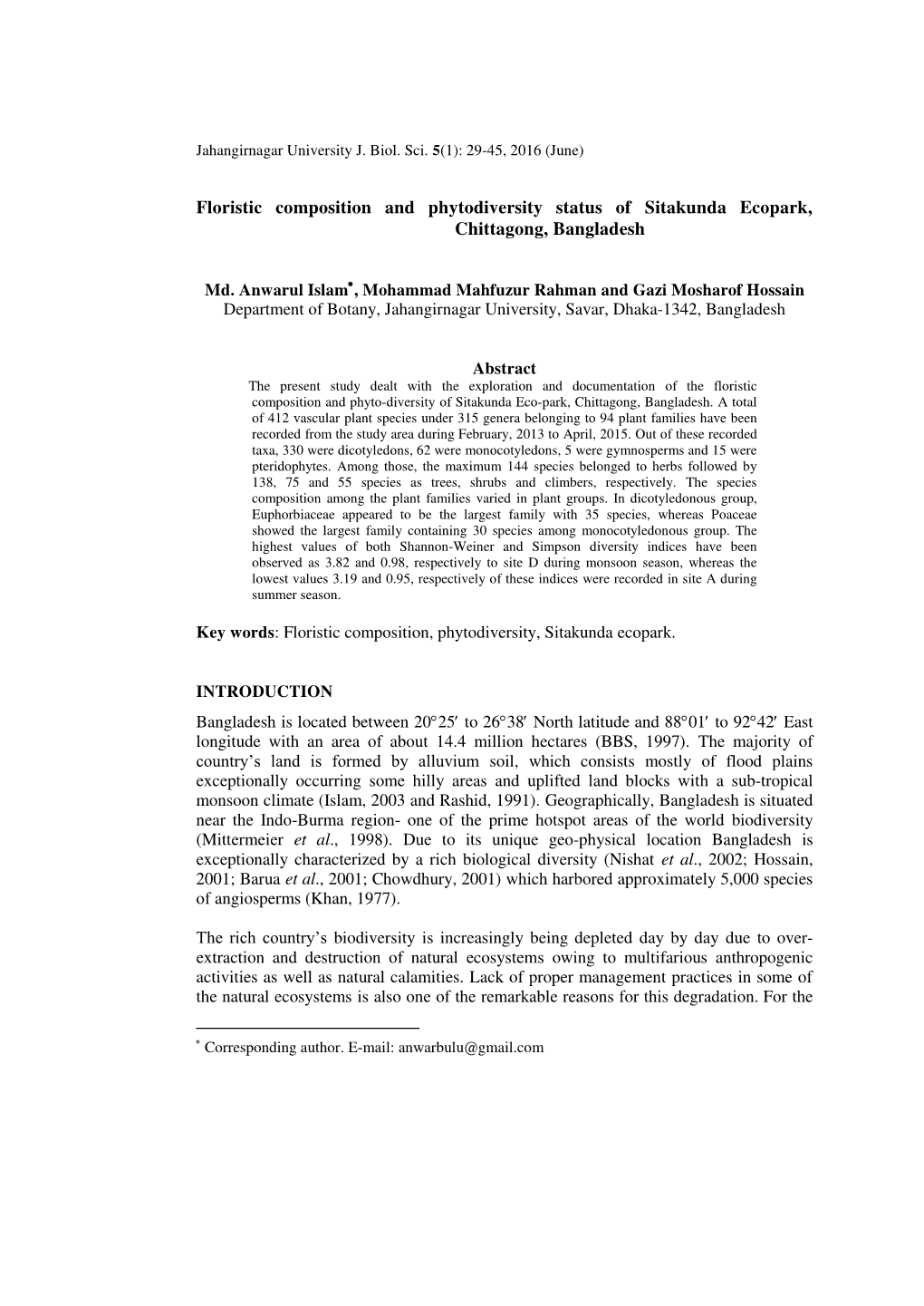 Floristic Composition and Phytodiversity Status of Sitakunda Ecopark, Chittagong, Bangladesh