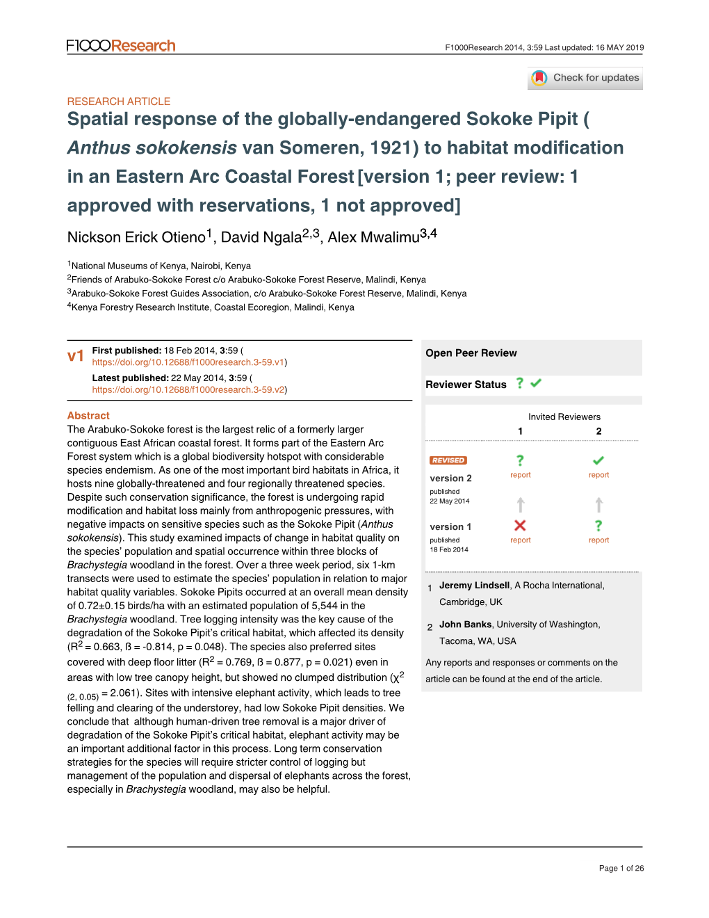 Spatial Response of the Globally-Endangered Sokoke Pipit