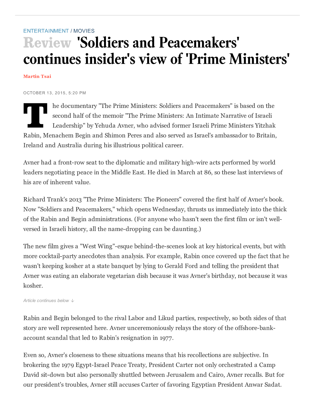 Review 'Soldiers and Peacemakers' Continues Insider's View of 'Prime Ministers'