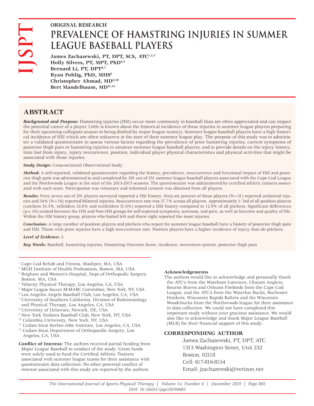 Prevalence of Hamstring Injuries in Summer League Baseball Players