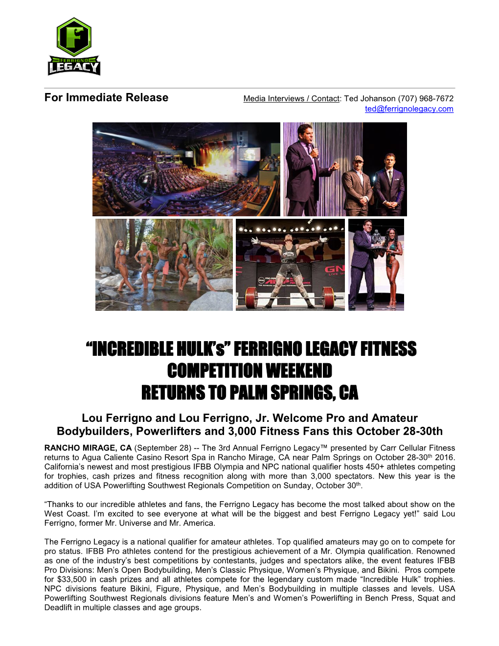 “INCREDIBLE HULK's” FERRIGNO LEGACY FITNESS COMPETITION